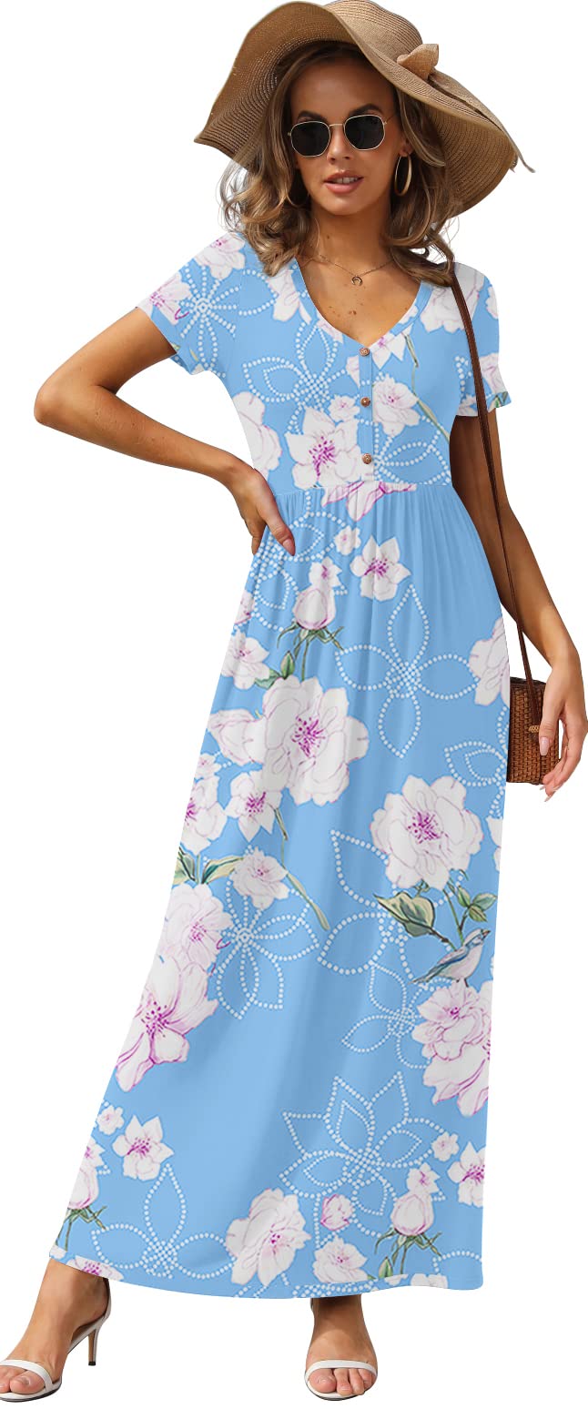 GRECERELLE Women's Long Maxi Dresses 2025 - Short Sleeve V-Neck Casual Summer Button Dress with Pockets | Beach Wedding, Vacation & Everyday Wear