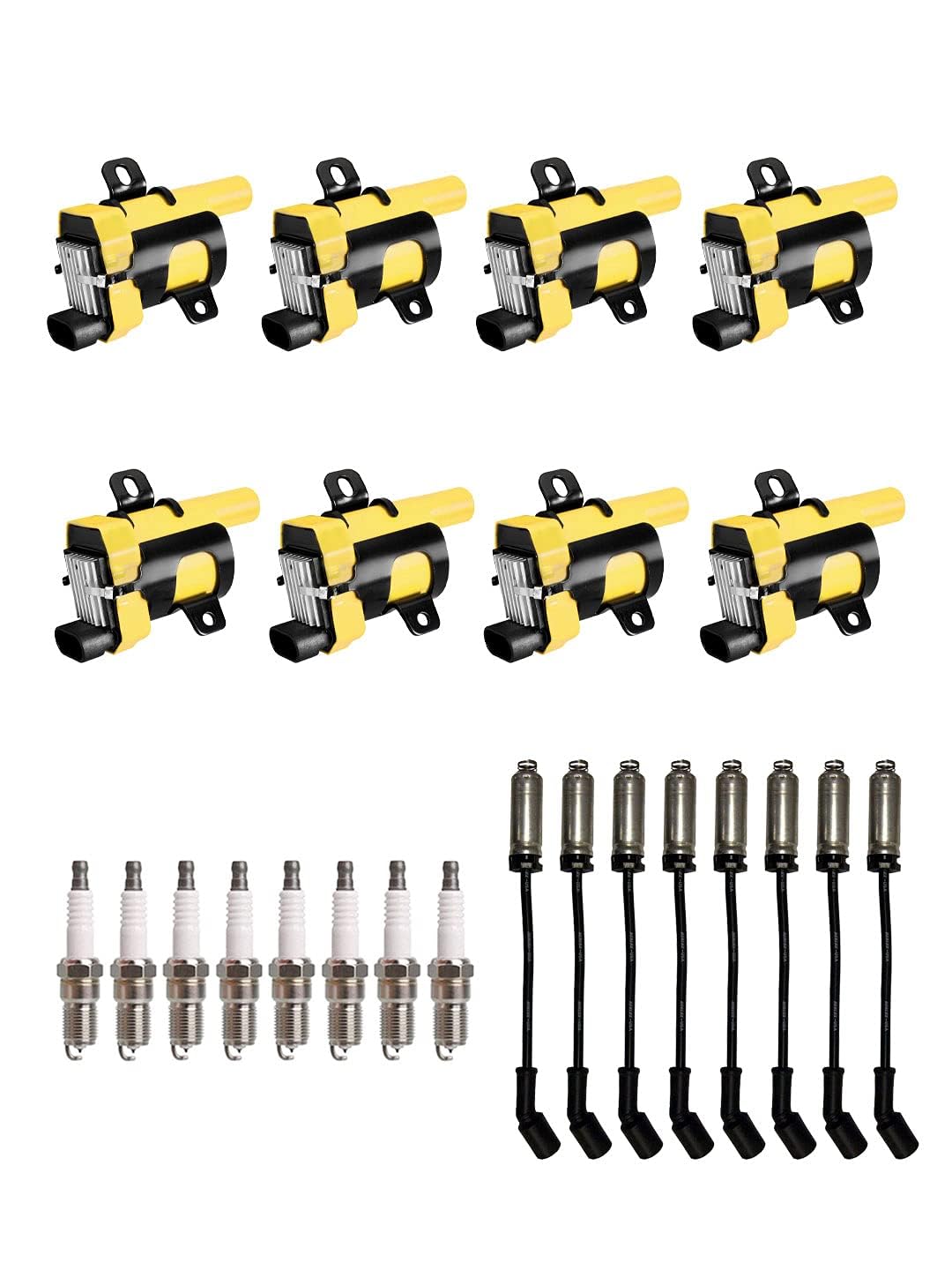 ENA 8-Piece Ignition Coil Pack & Platinum Spark Plug Wire Set - Compatible with Cadillac Chevrolet 4.8L 5.3L 6.0L Engines (Rainier, Escalade, Express, SSR, Suburban, Tahoe) - Replaces UF262, 41-962, 9748RR - Improves Engine Performance & Fuel Efficiency for Smooth Driving