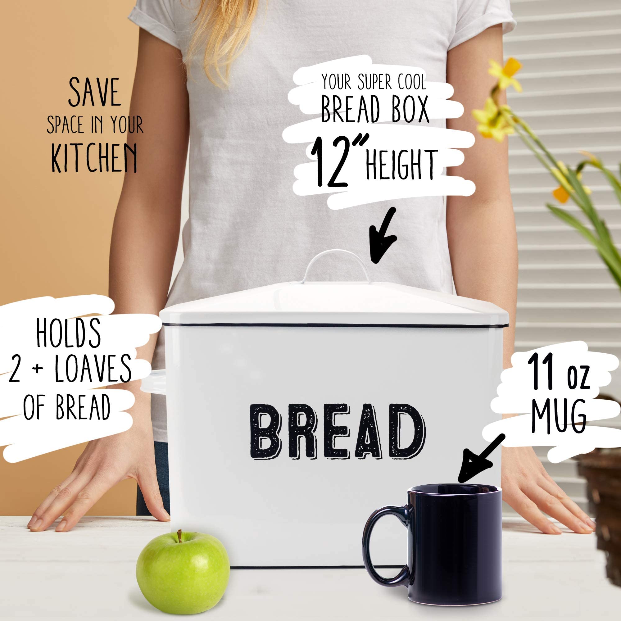 Granrosi Large Farmhouse Bread Box with Metal Lid - White Bread Storage Container for Kitchen Countertop - Perfect for Storing Bread, Baguettes, Rolls & Pastries to Keep Fresh Longer