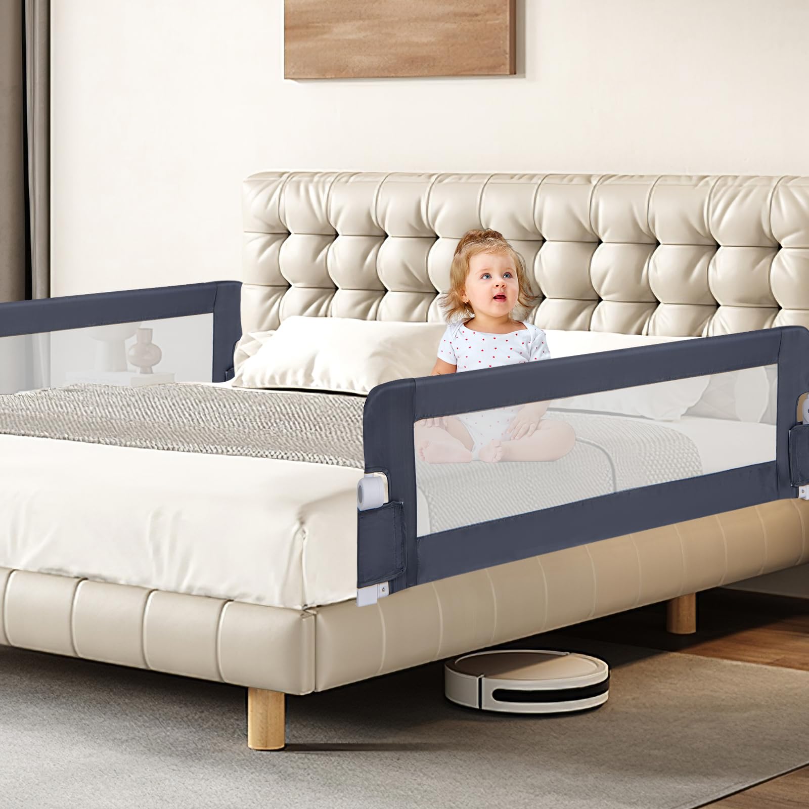 BABY JOY 2-Pack Extra Long Double Sided Swing Down Bed Rail Guard - Folding Safety Bedrail for Convertible Crib & Toddler Beds (Twin/Full/Queen/King Mattress, Dark Gray, 60