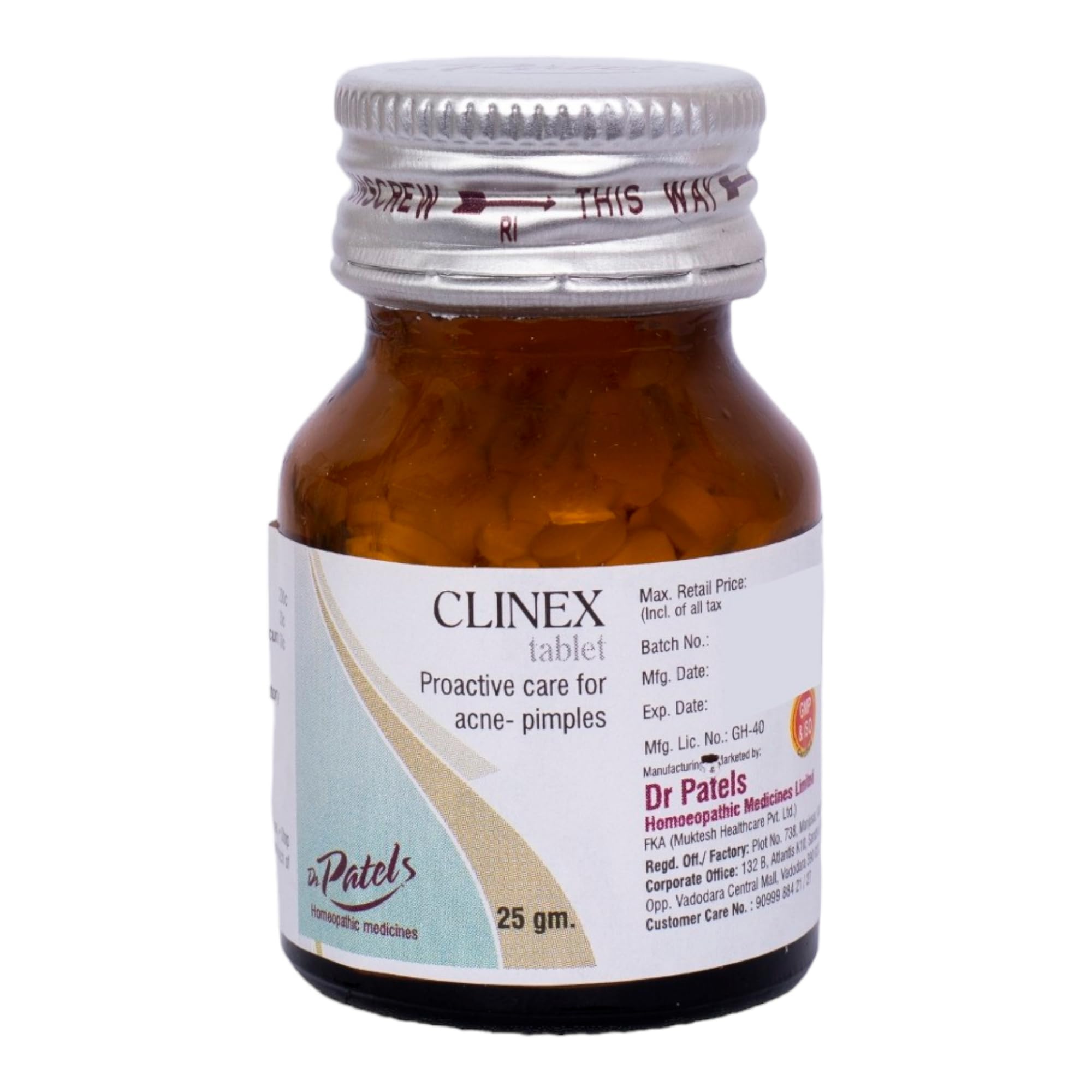 Dr. Patel's Homeopathic Clinex Tablet for Acne Treatment | Pimple & Blemish Control | Reduce Scars & Pigmentation | Clear & Healthy Skin Solution - 25g | Perfect for Daily Skincare Routine & Teenage Acne Problems
