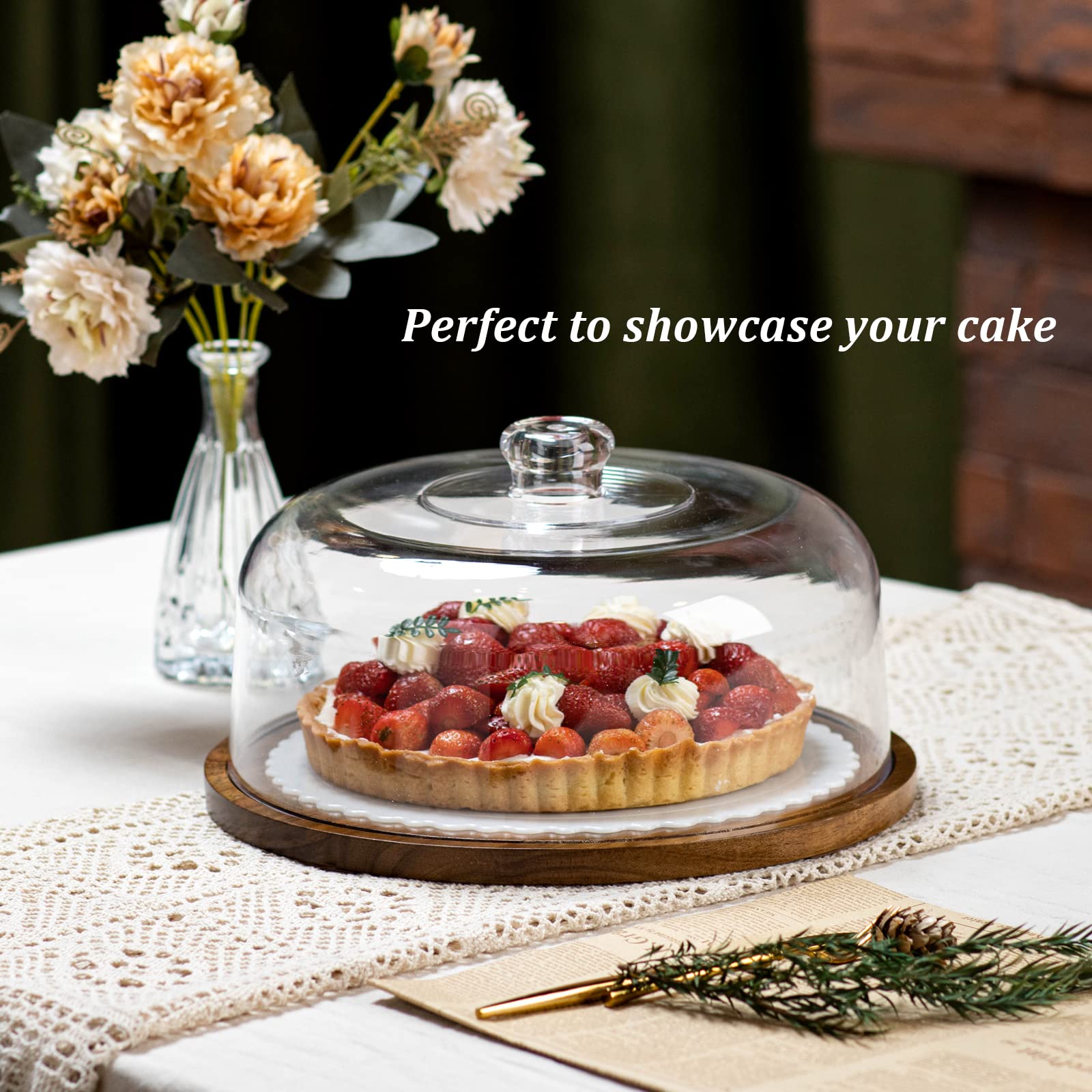 ANBOXIT Acacia Wood Cake Stand with Dome Lid - 10 Inch Wooden Cake Plate with Clear Acrylic Cover for Display & Protection - Perfect for Wedding, Birthday, Bakery Dessert Presentation