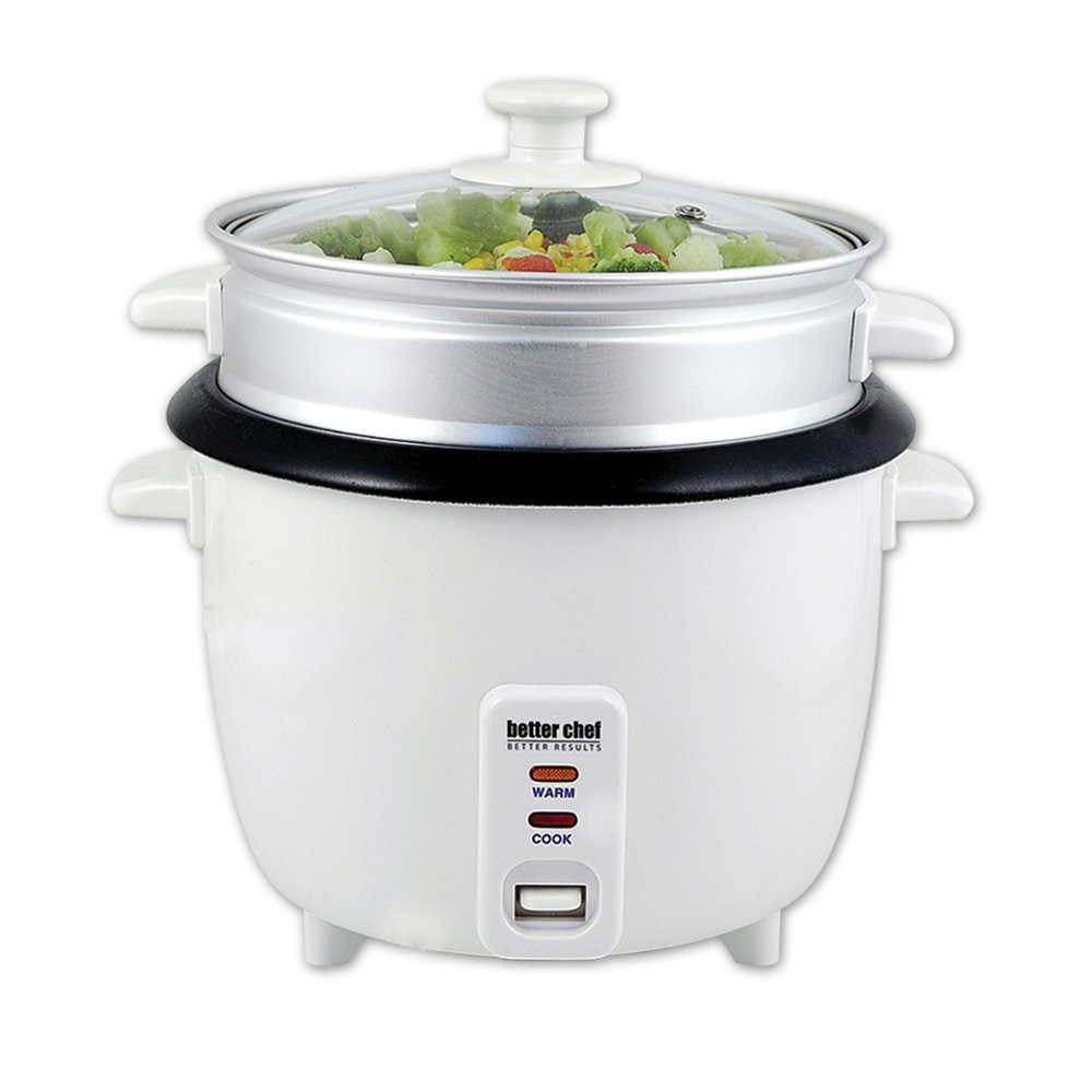 Better Chef 10-Cup Basic Rice Cooker with Food Steamer - Glass Lid, Non-Stick Inner Pot & Cool-Touch Handle - Includes Measuring Cup & Rice Paddle - Perfect for Dorm, Office & Small Family Cooking (White)