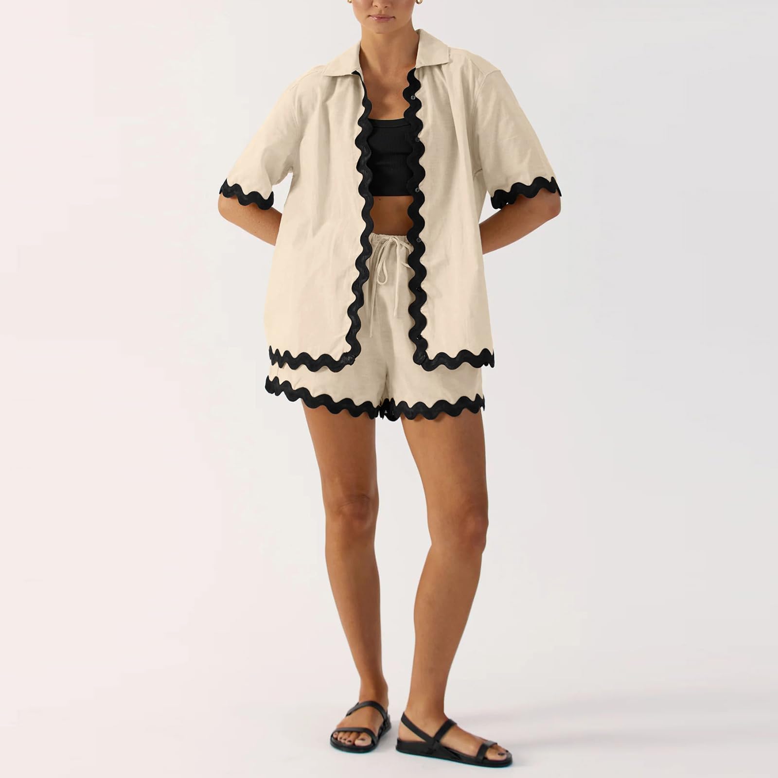 Shiyifa Women's 2 Piece Outfits - Button Down Shirts & High Waist Shorts Lounge Set, Casual Tracksuit for Home, Travel & Summer Outfits