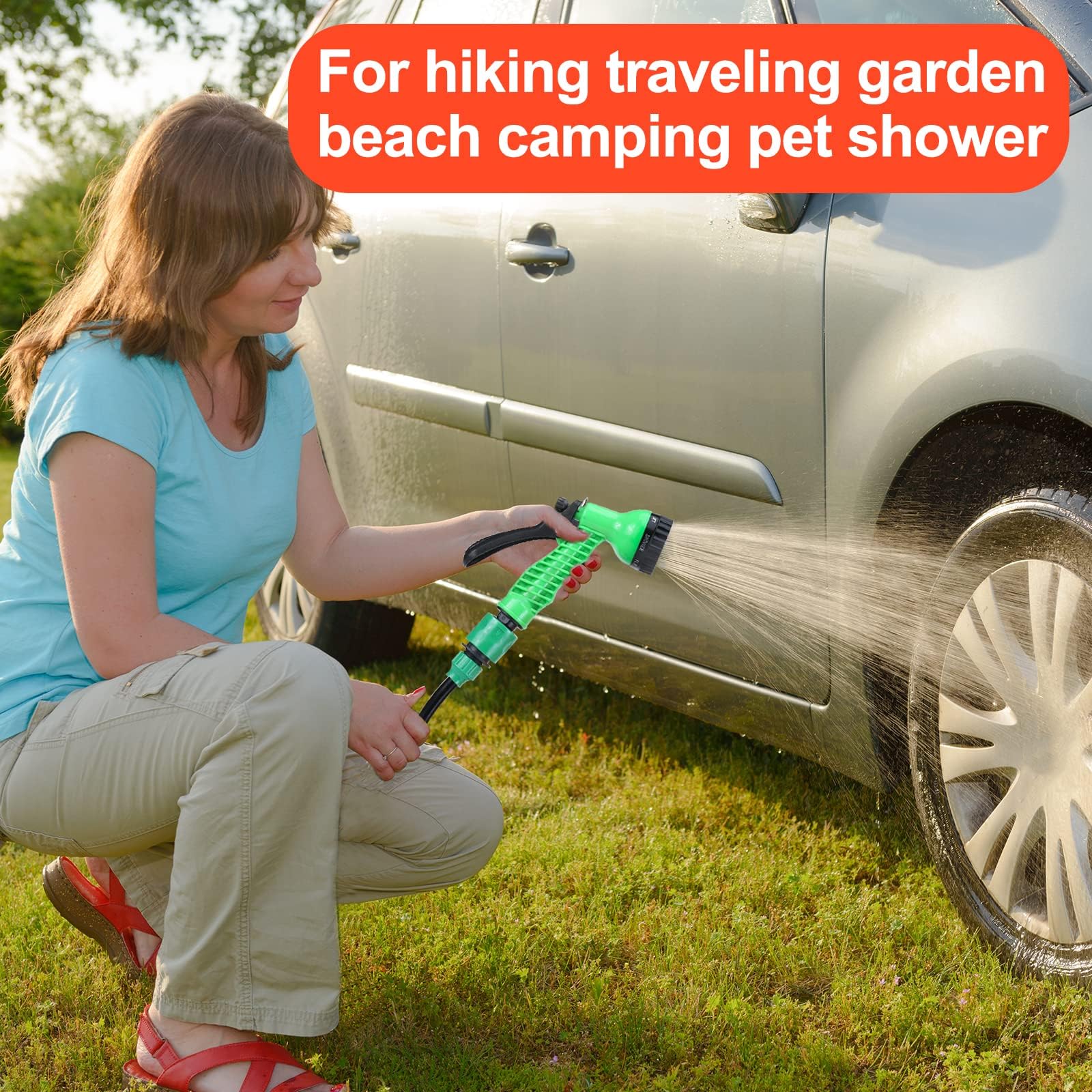 Portable Camping Shower with 7 Spray Modes - Hand Press Outdoor Shower with Removable Hose & Shower Head - Pressure Rinse Kit for Hiking, Travel, Beach, Garden & Pet Washing - Ideal for RV Trips, Backpacking & Emergency Use