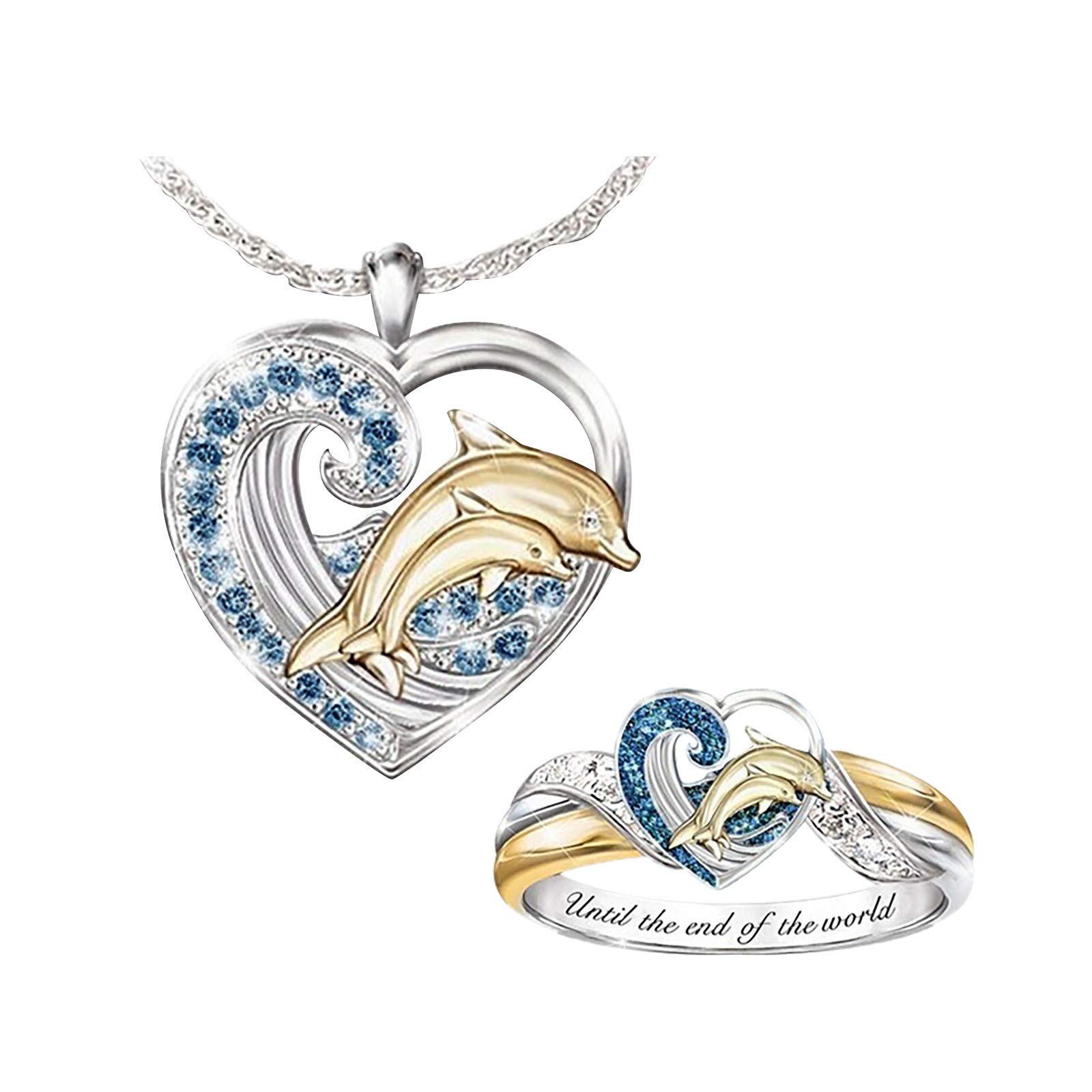 MLKJXD Women's Dolphin Diamond Necklace & Ring Set - Fashion Love Jewelry for Ladies Size 5-10 - Perfect Gift for Christmas, Valentine's Day & Special Occasions - Elegant Jewelry for Date Night, Anniversary & Romantic Events