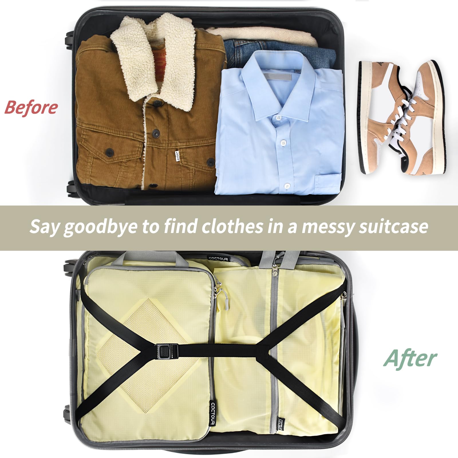 5-Piece Lightweight Compression Packing Cubes Set for Travel - Expandable Luggage Organizers with Compression Zippers, Suitcase Storage Bags (Beige/Yellow) | Perfect for Business Trips, Family Vacations & Weekend Getaways