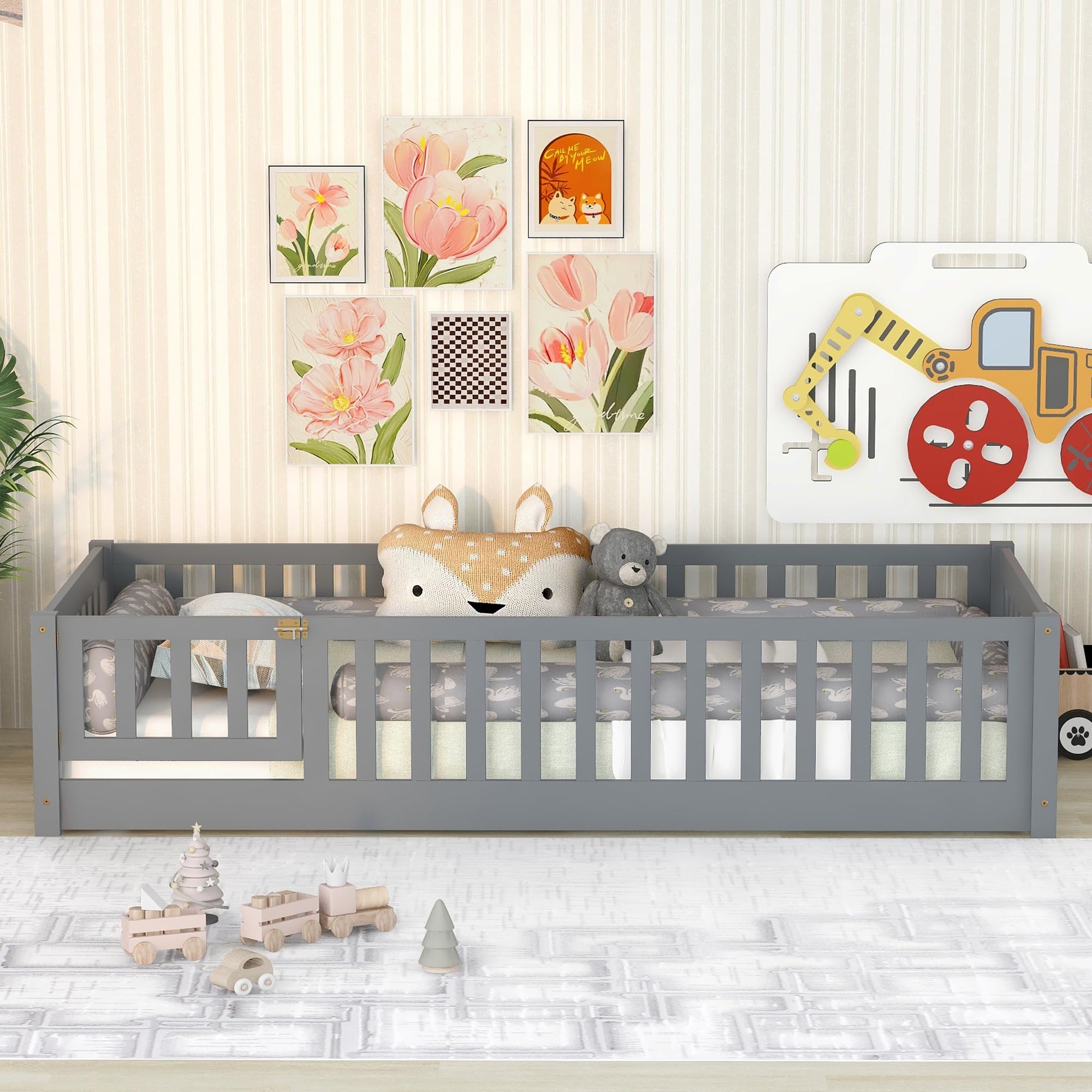 Bellemave Twin Size Montessori Floor Bed for Kids - Solid Wood Bed Frame with Safety Guardrails, Slats, Door & Fence - Perfect for Girls & Boys Bedrooms (Twin, Gray) - Ideal for Montessori Learning & Safe Toddler Sleep