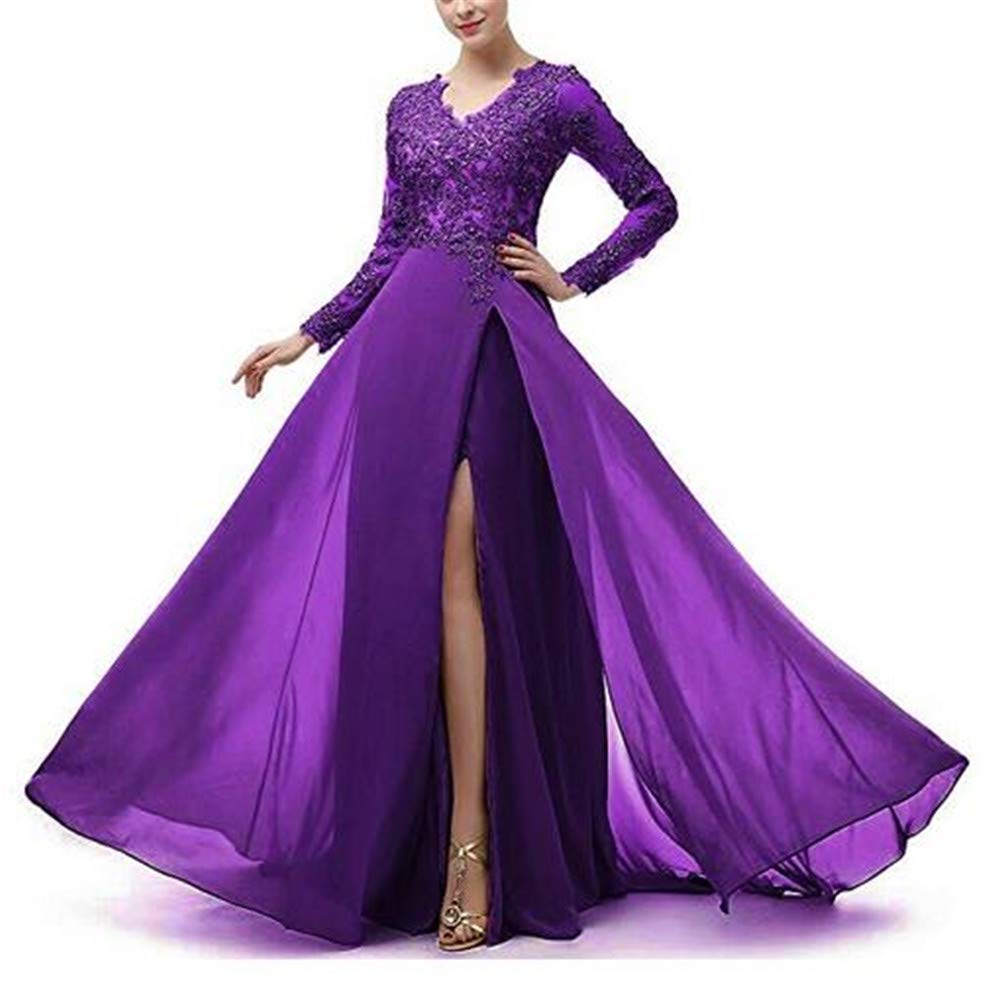 Emmani Women's Elegant V-Neck Lace Wedding Dress with Long Sleeves & High Slit - Perfect for Evening Gala, Formal Party & Bridal Occasions