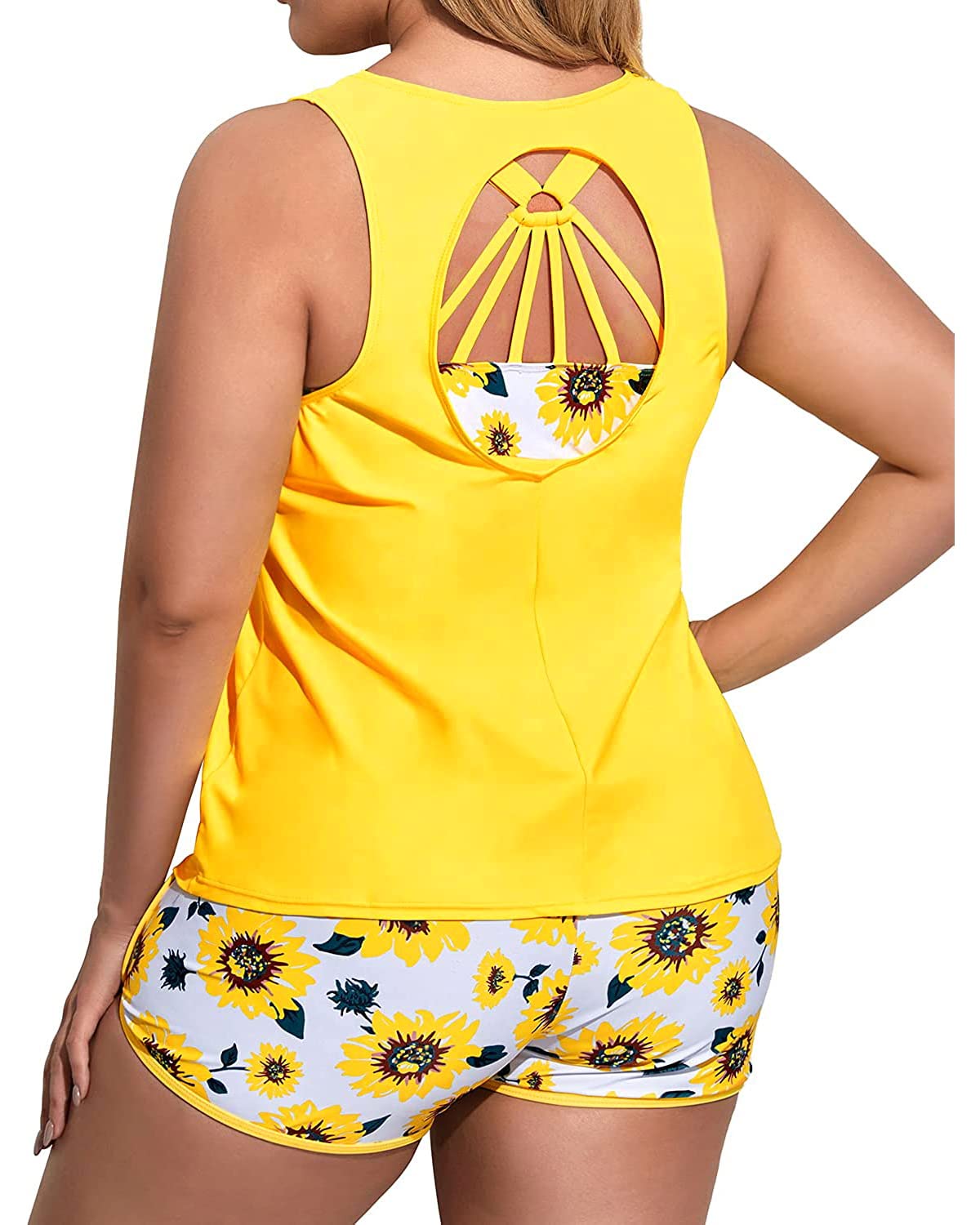 Holipick Women's Plus Size 3-Piece Tankini Swimwear Set - Tummy Control Bathing Suit with Boy Shorts & Sports Bra Top | Perfect for Beach Vacations, Pool Parties & Summer Getaways