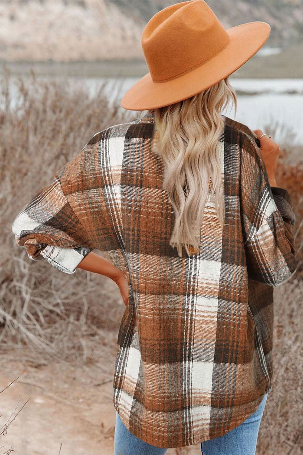 Brown Plaid Flap Pocket Shacket for Men & Women | Cozy Fleece-Lined Overshirt Jacket | Perfect for Fall & Winter Layering, Outdoor Adventures & Casual Wear