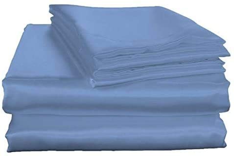 Happiest Bedding - 100% Pure Silk Satin Sheet Set 7pcs (Full Size, Medium Blue) - Deep Pocket Fitted Sheet (15