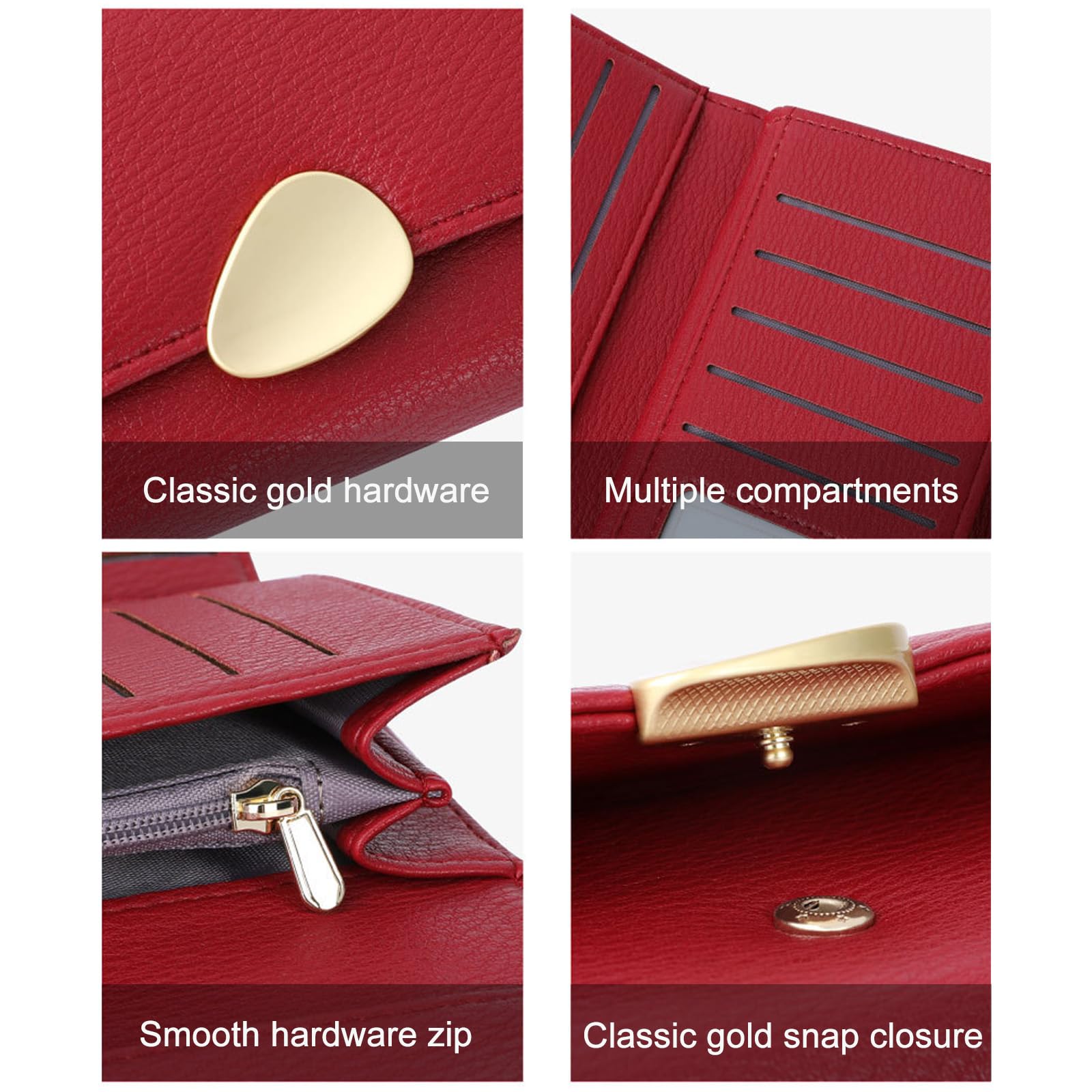 Mokoze Women's Trifold Wallet with Zipper - PU Leather Clutch Wallet for Women, Large Capacity RFID Blocking Credit Card Holder - Perfect for Everyday Use, Travel, Business & Gift Giving (Red)