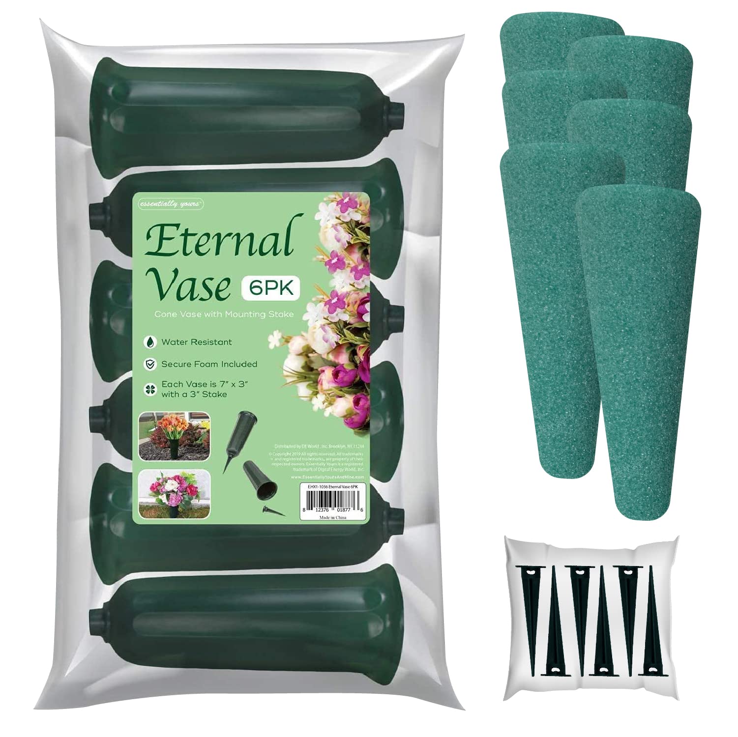 Essentially Yours Memorial Floral Vases with Foam - 6 Pack Green Outdoor In-Ground Vases with Stakes for Fresh & Artificial Flowers | Perfect for Graveside Memorials, Cemetery Decor & Garden Flower Arrangements