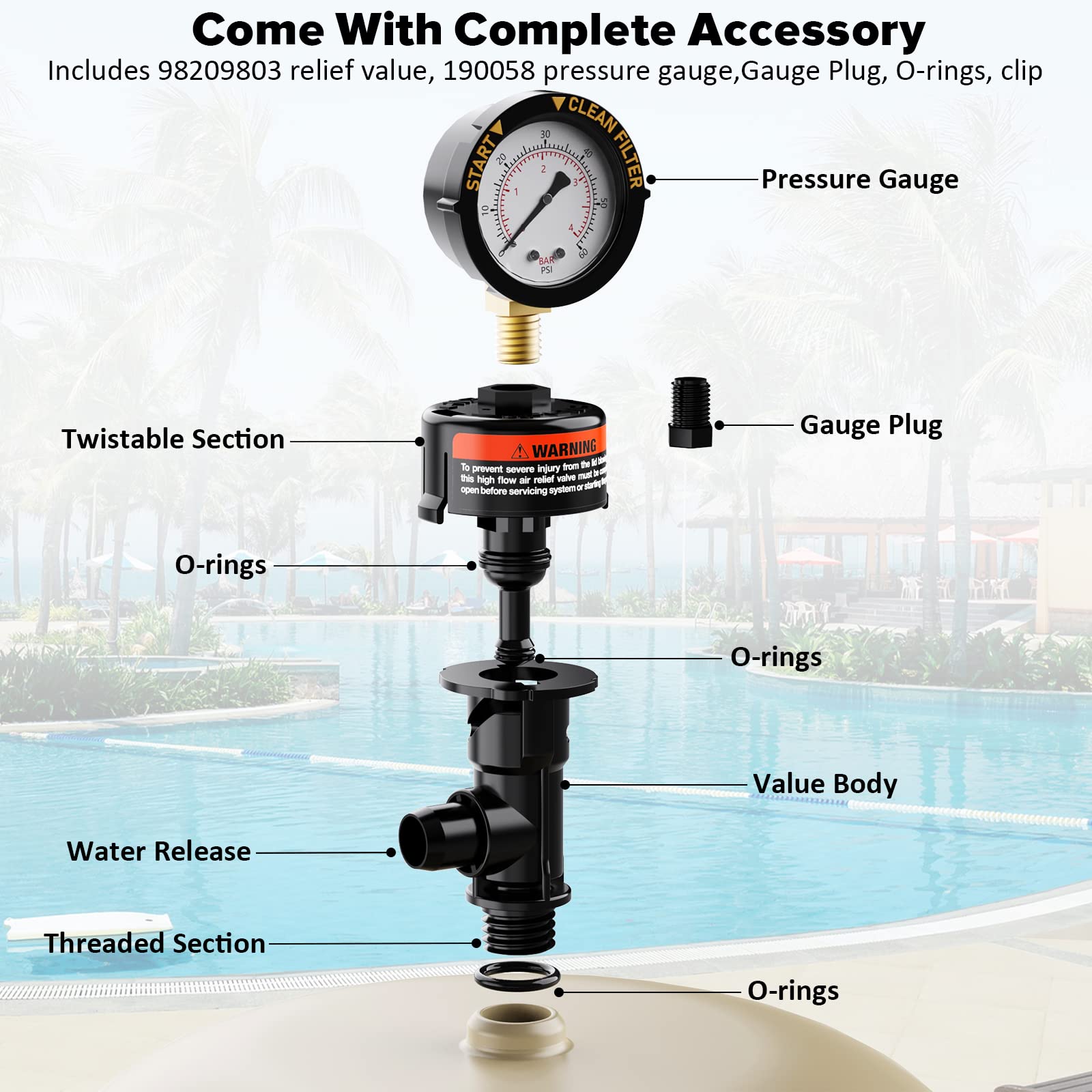 Pool Filter Air Relief Valve with Pressure Gauge - Manual Air Release Valve for Swimming Pool and Spa Filters - Replacement Kit Includes Gauge Plug, O-Rings & Clips - Perfect for Hayward, Pentair & Other Pool Filter Systems - Easy Maintenance & Water Pressure Regulation
