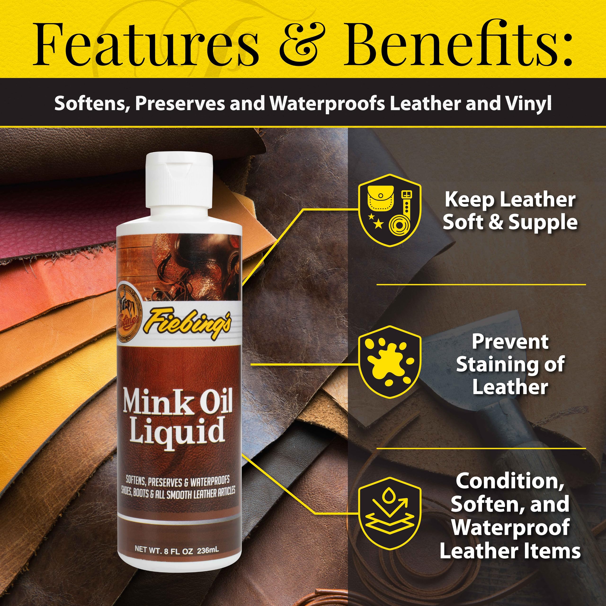 Fiebing's Liquid Mink Oil Leather Conditioner (8 fl oz) - Best Leather Cleaner & Waterproofer for Boots, Shoes, Purses & Furniture - Prevents Salt Stains & Cracks - Restores & Protects Smooth Leather, Vinyl & Leathercraft - Ideal for Winter Boot Care, Handbag Maintenance & Sofa Protection
