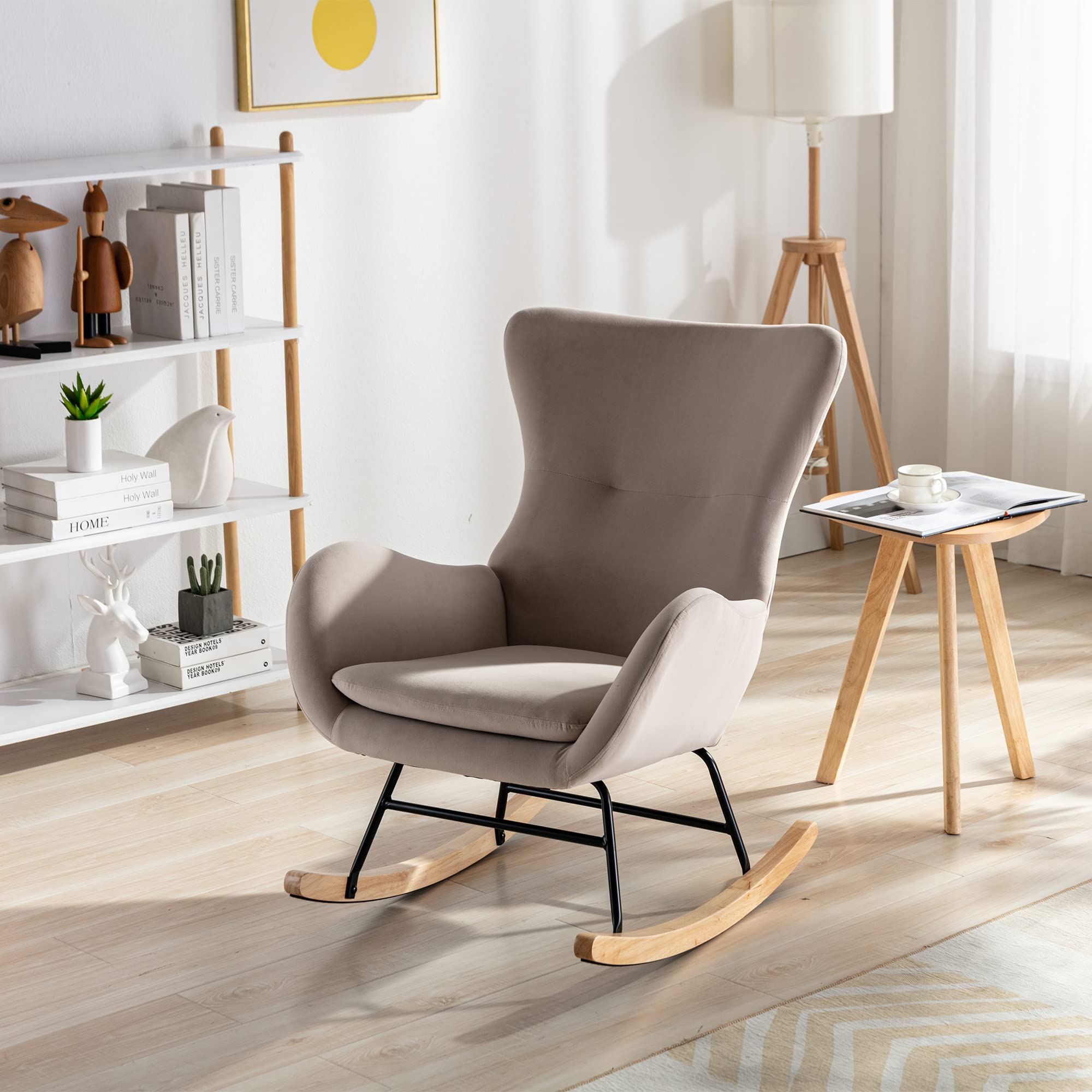 Luxury Velvet Upholstered Rocking Chair with High Backrest & Armrests - Soft Padded Seat for Living Room, Nursery, or Bedroom Relaxation