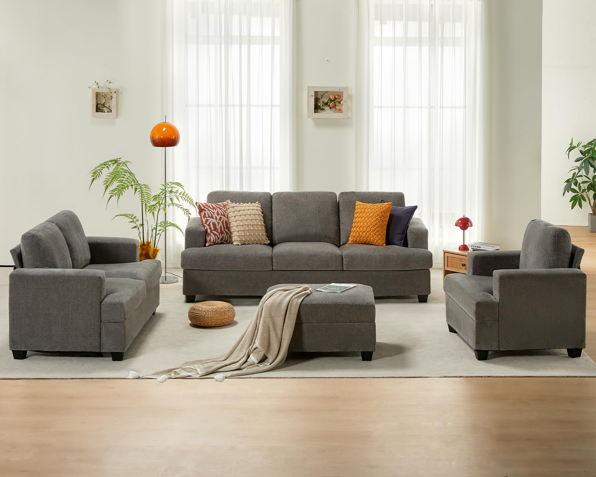 VanAcc Modern Sofa Set with Extra Deep Seats - Comfortable Chenille Couch for Living Room, Apartment & Lounge (Grey) - Perfect for Relaxing, Entertaining & Small Space Living