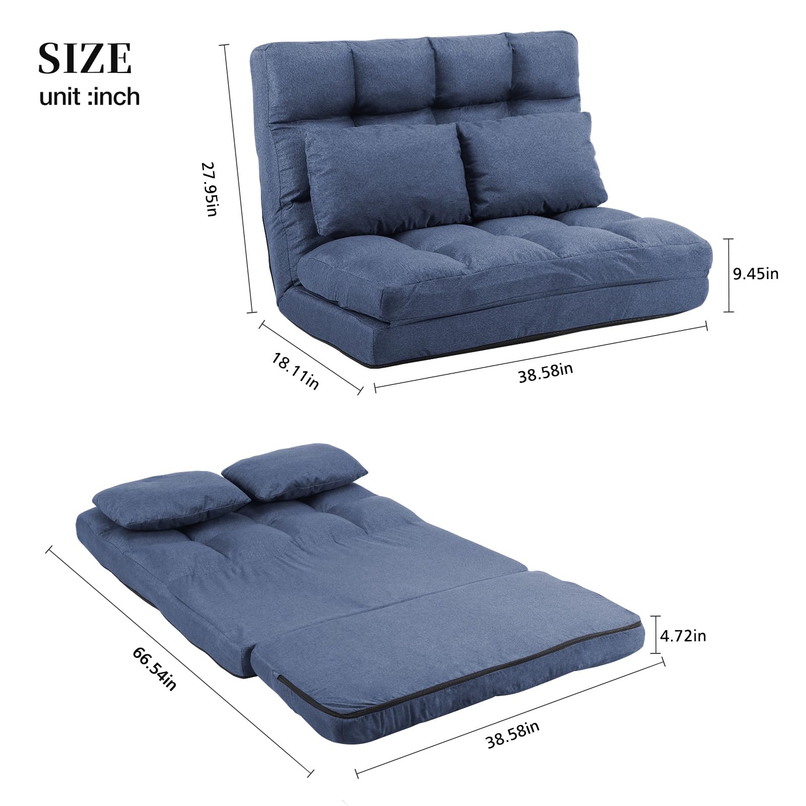 FLOGUOR Adjustable Floor Sofa Chair with 2 Pillows - 14-Position Reclining Folding Chaise Lounge for Adults - Removable Cover & Sturdy Metal Frame - Perfect for Bedroom, Living Room, Apartment & Small Spaces - Great for Lounging, Reading, TV Watching & Relaxing