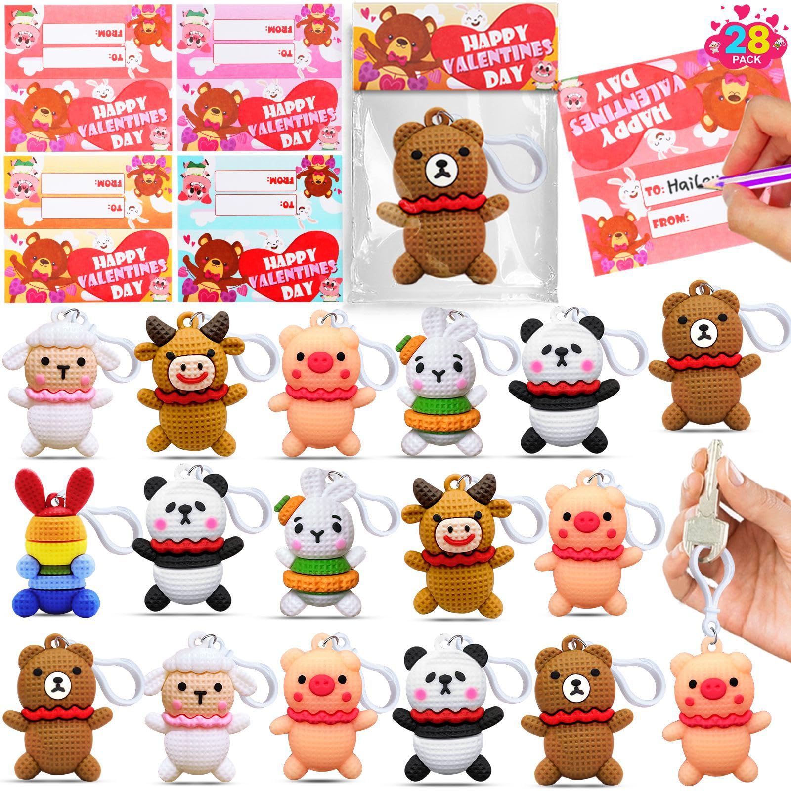 AMENON 28 Pack Valentine's Day Gifts for Kids - 7 Styles Prefilled Animal Keychain Toys with Valentine's Cards for Classroom Exchange, Party Favors (Perfect for School Valentine's Day Parties & Gift Exchanges)
