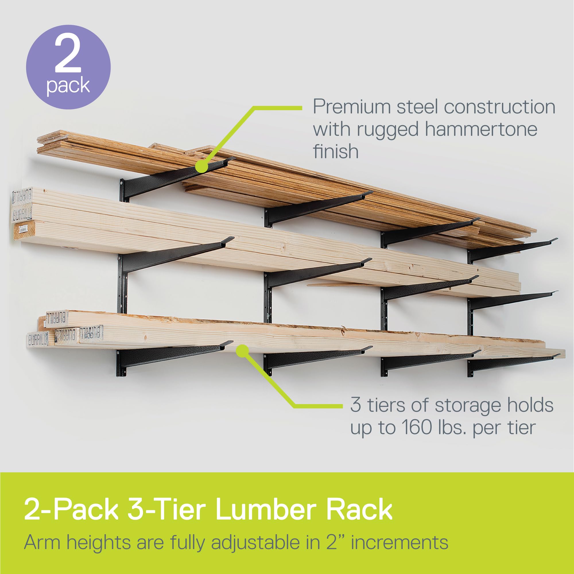 Heavy Duty Wood and Lumber Storage Rack (2-Pack) - 960 lbs Capacity Steel Garage Shelving - Easy Install Mounted Rack for Garage, Basement, Pantry Organization - Perfect for Storing Plywood, 2x4s, and DIY Supplies by Delta Cycle