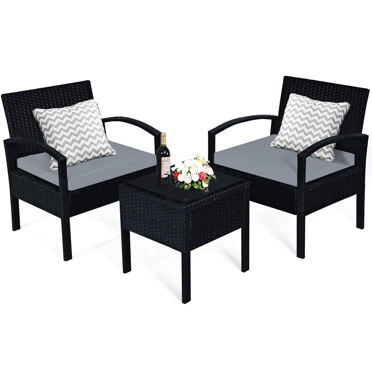 Tangkula 3-Piece Outdoor Patio Furniture Set - Grey Rattan Sofa with Cushions & Coffee Table - Weather-Resistant Wicker Conversation Set for Garden, Balcony, Backyard, Poolside (Perfect for Relaxing, Entertaining Guests & Outdoor Dining)