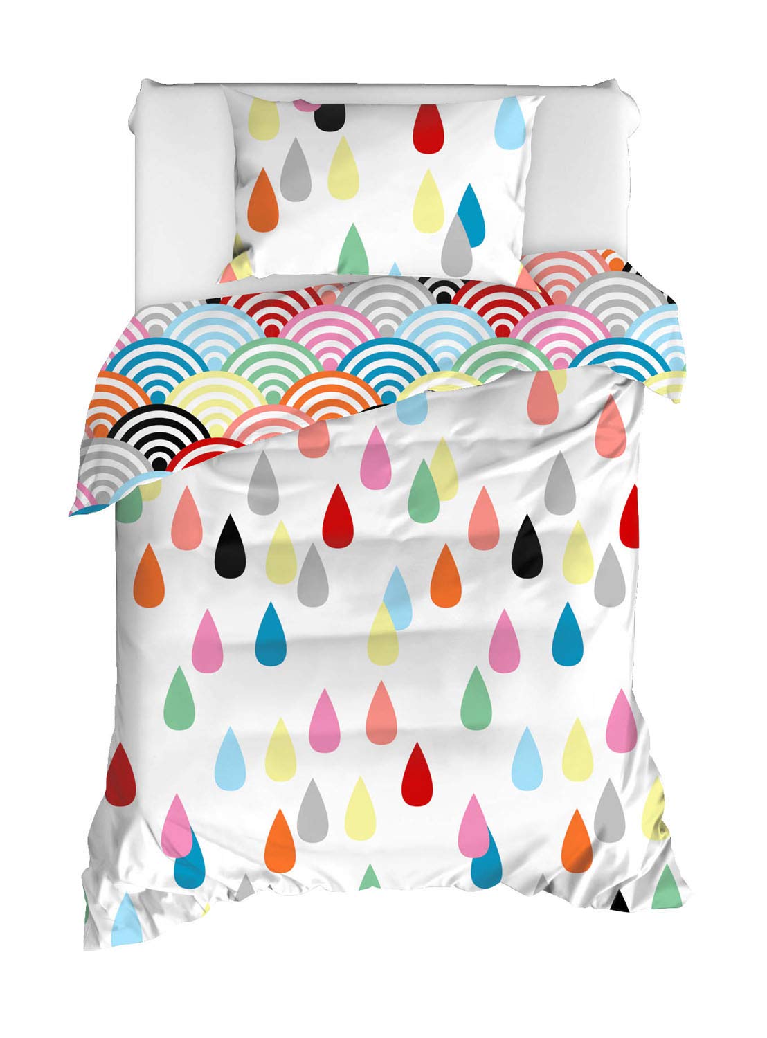 **Rainbow Paradise RANFORCE 100% Cotton Girls Bedding Set - Twin Size Colorful Raindrops Themed Reversible Quilt/Duvet Cover Set (4-Piece, Comforter Included) - Perfect for Kids' Rooms, Sleepovers & Nursery Decor**