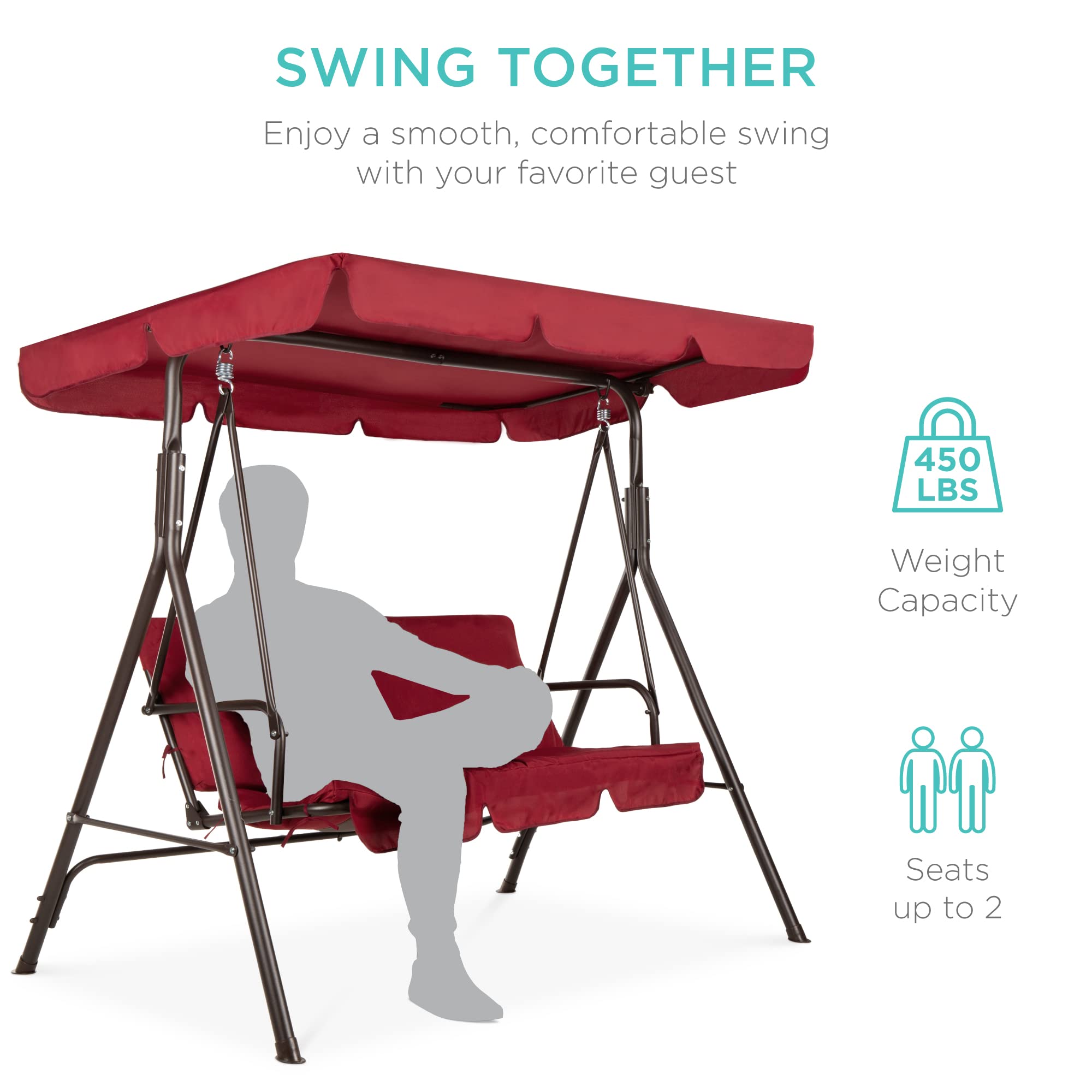 Best Choice Products 2-Person Outdoor Patio Swing Chair with Convertible Canopy - Hanging Glider Porch Bench for Garden, Backyard, Poolside - Adjustable Shade & Removable Burgundy Cushions - Perfect for Relaxing, Lounging and Outdoor Entertaining