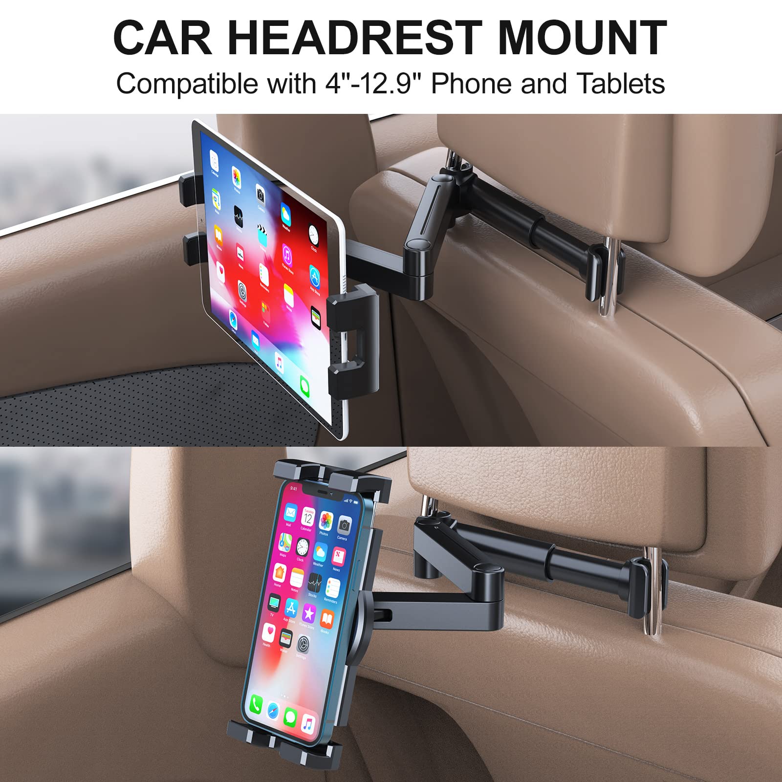 Car Tablet Holder for iPad - Adjustable Stand for Back Seat with 360° Rotation, Fits 4-12.9