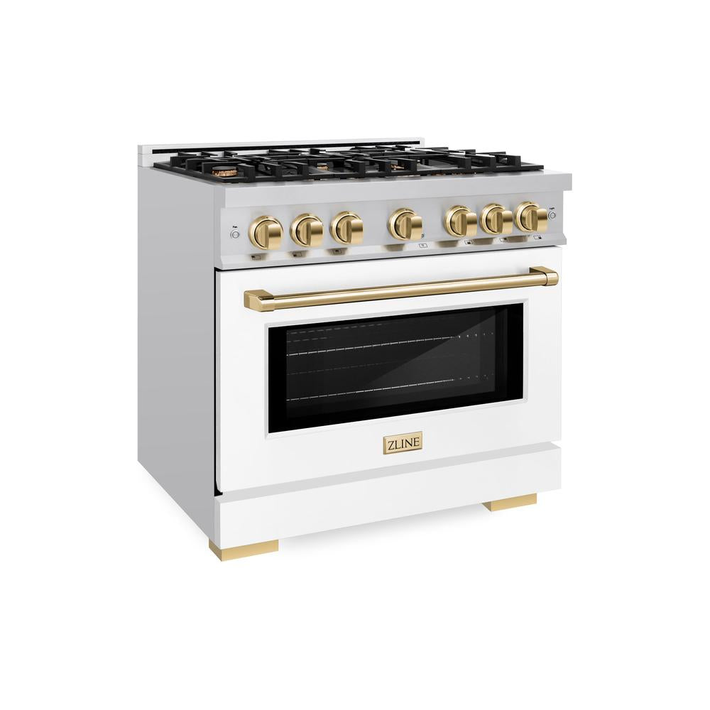 ZLINE Autograph Edition 36 Inch 5.2 Cu Ft Gas Range with 6 Burner Cooktop & Convection Oven - Stainless Steel with White Matte Door & Polished Gold Accents (HGRZ WM 36 G) - Perfect for Modern Kitchens, Home Chefs & Gourmet Cooking