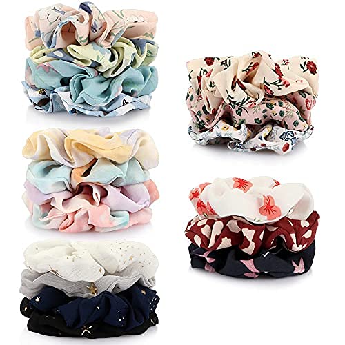 12 Pcs Chiffon Hair Scrunchies with Floral Design - Soft Ponytail Holders & Hair Ties for Women & Girls - Perfect for School, Work, Parties & Everyday Use