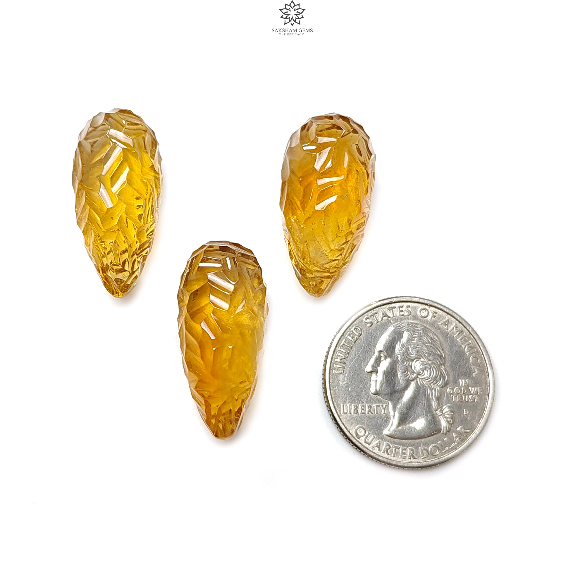 Natural Untreated Yellow Citrine Gemstone Carving - 81.30cts Hand-Carved Teardrop Shape (26mm x 27mm) 3-Piece Set, November Birthstone - Perfect for Jewelry Making, Healing Crystals & Gift Giving