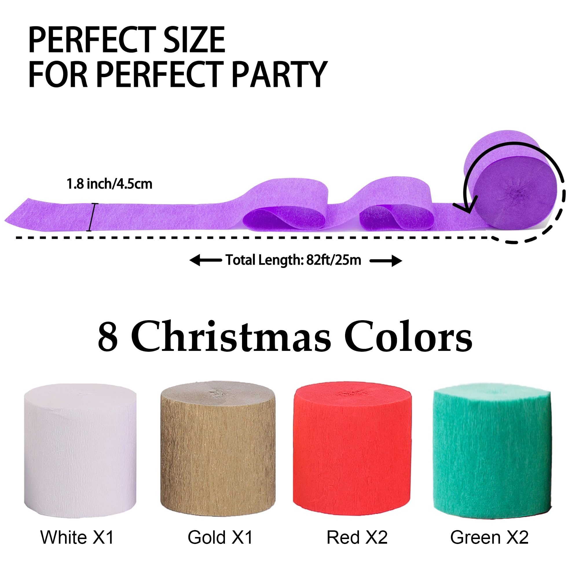 Suaxova 6 Rolls Crepe Paper Streamers - 492ft Party Decorations (Red, Green, White, Gold) for Christmas, Birthday, Baby Shower & Wedding Decor | 1.8