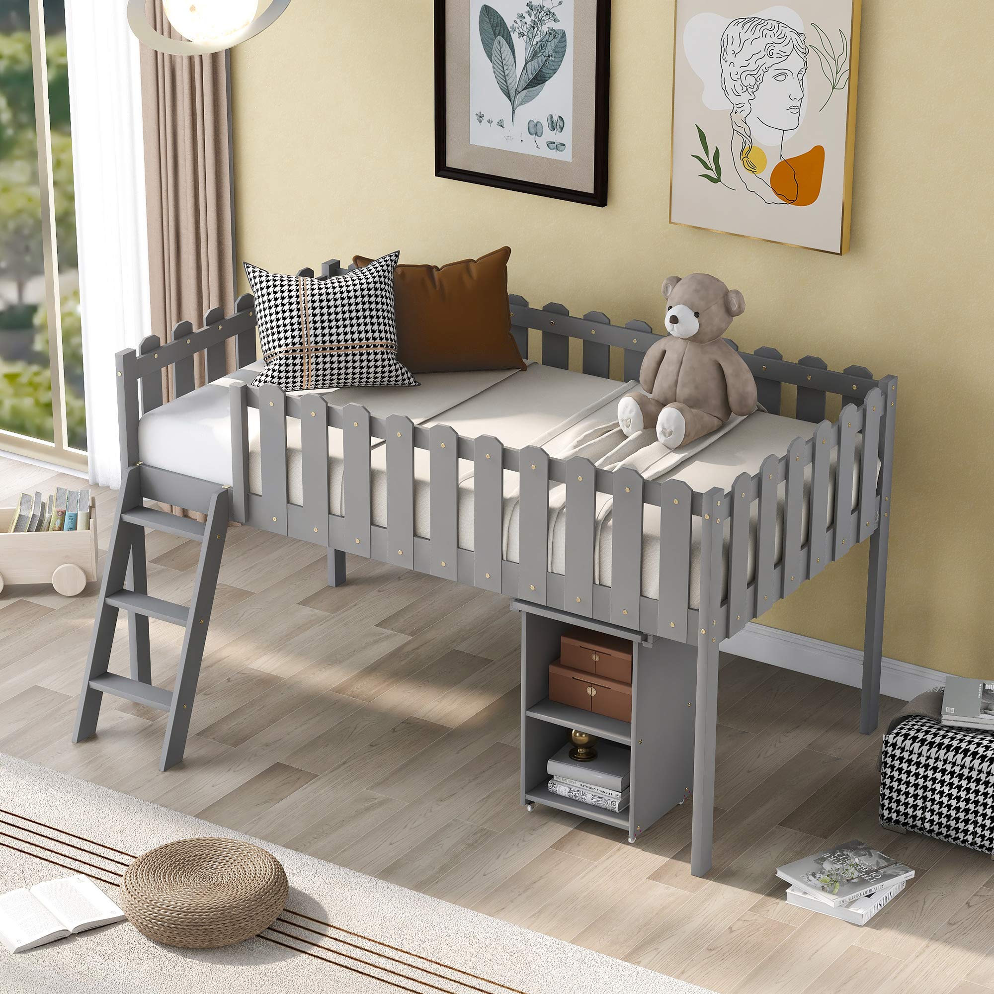 Kids Twin Size Low Loft Bed with Rolling Desk & Storage Cabinet - Space-Saving Study & Sleep Solution for Small Bedrooms & Dorm Rooms (Gray) - Perfect for Homework, Gaming & Sleepovers