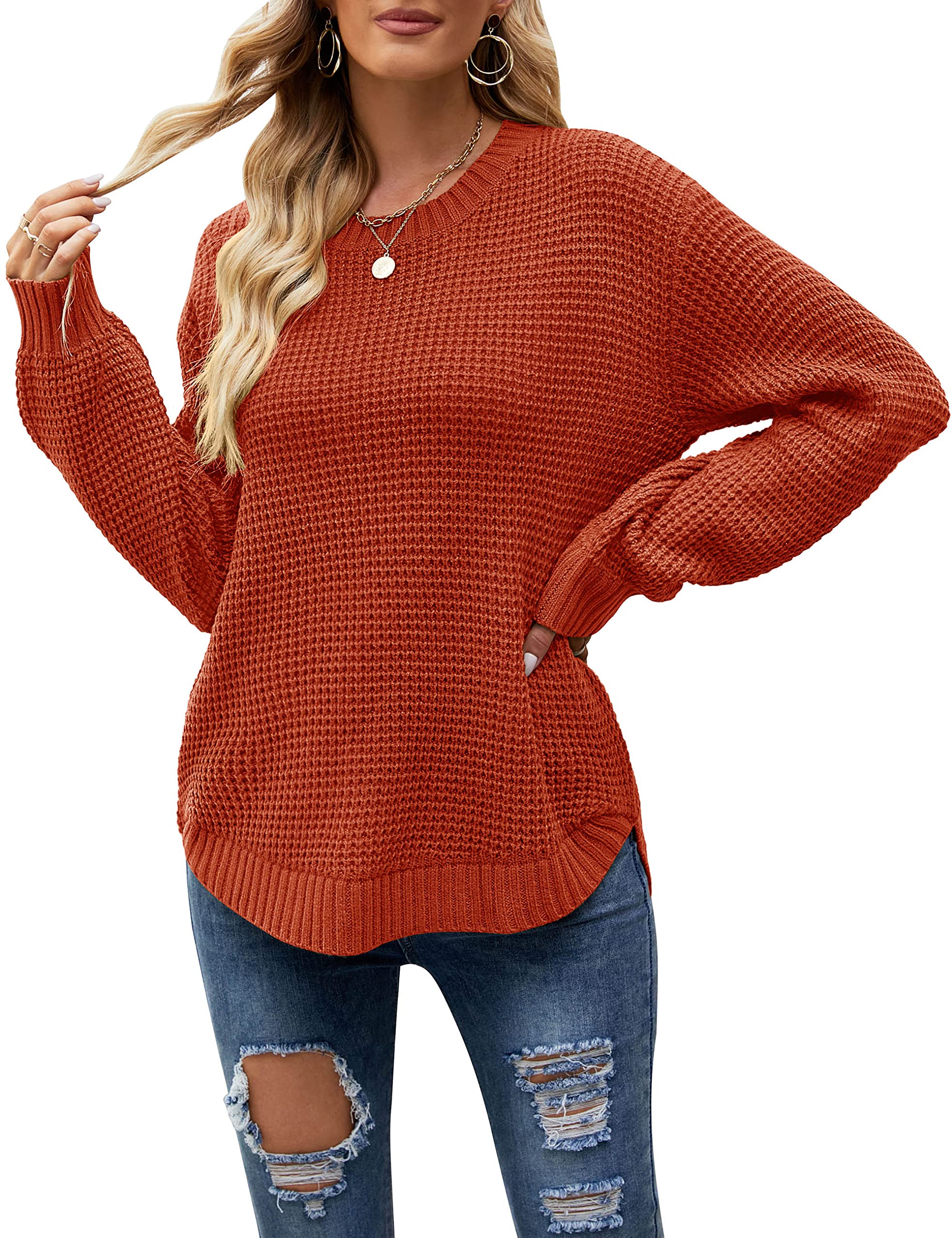 MEROKEETY Women's 2024 Fall Waffle Knit Sweater - Long Balloon Sleeve Loose Pullover Jumper | Cozy Casual Knitwear for Autumn Outfits, Office Wear & Weekend Relaxation