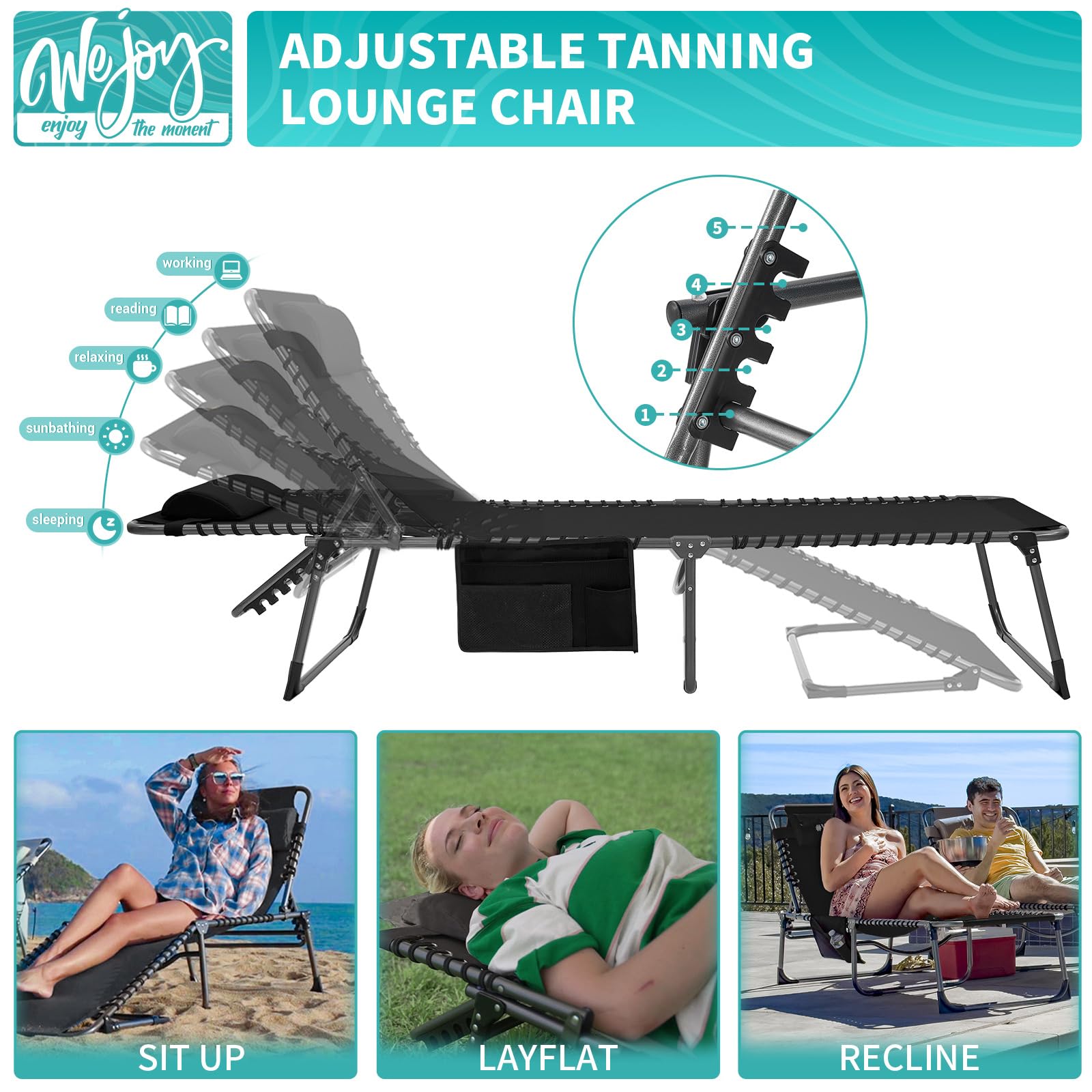 Premium WEJOY Outdoor Folding Chaise Lounge Chairs - 2 Pack Adjustable 5-Position Recliners for Patio, Beach, Pool & Camping - Heavy Duty Sunbathing Chairs with Shoulder Strap & Pillow - Perfect for Backyard Relaxation, Vacation & Outdoor Adventures