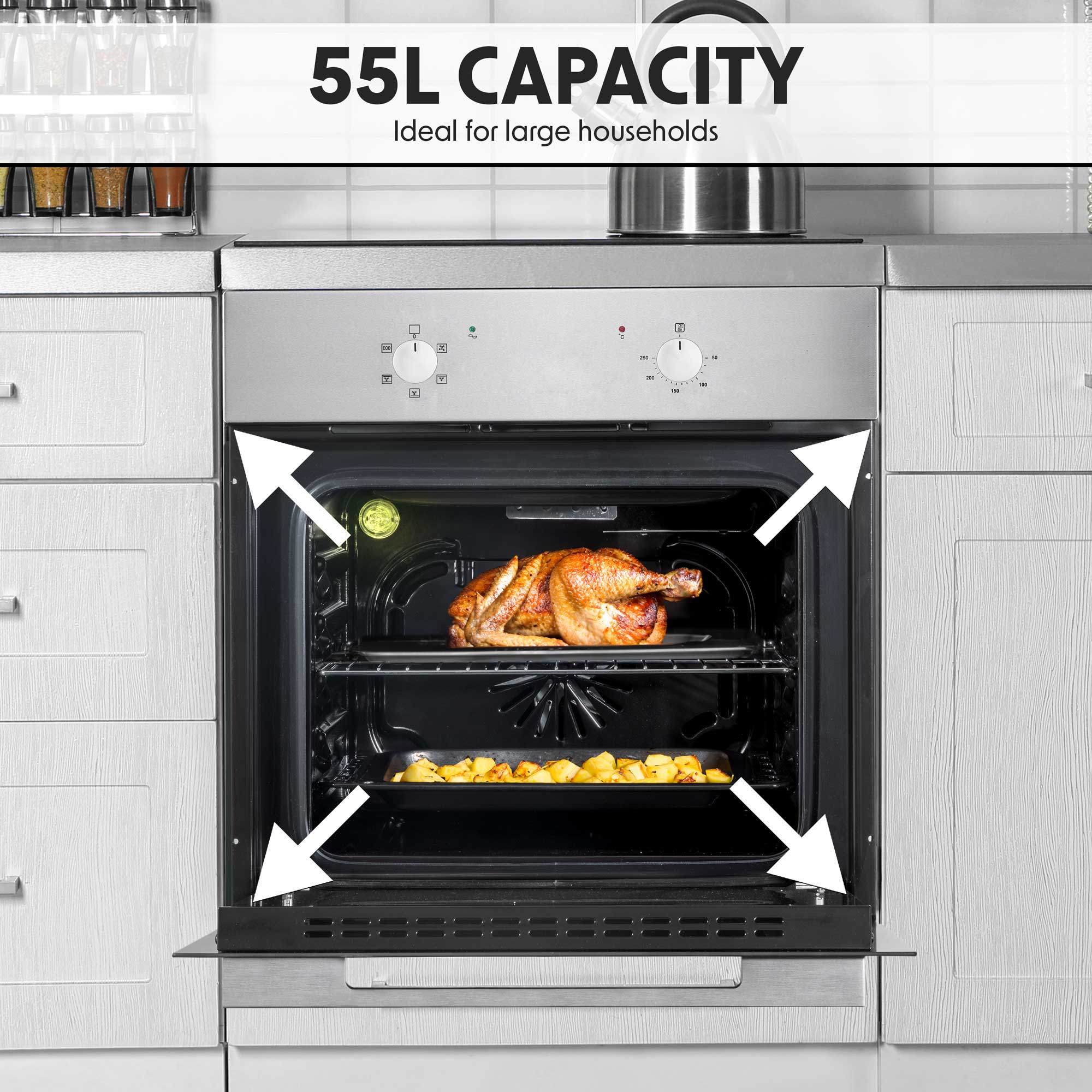 Baridi 60cm Built-In 5 Function Fan Assisted Oven - 55L Stainless Steel Electric Oven with Convection Baking | Perfect for Home Kitchens & Small Restaurants