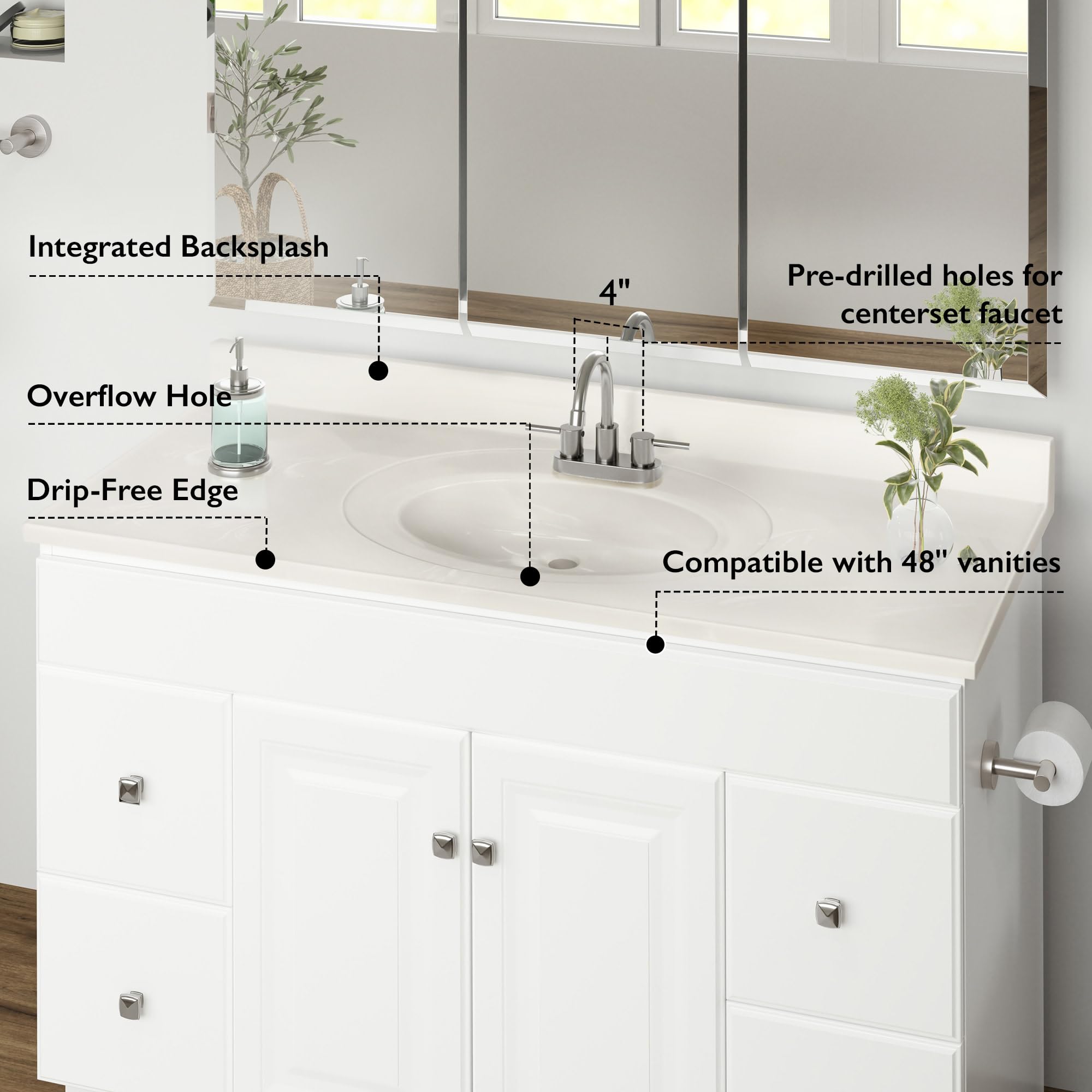 49-Inch Cultured Marble Bathroom Vanity Top with Backsplash - Ivory Swirl Design - Durable & Water-Resistant - Perfect for Modern Home Renovation & Bathroom Upgrade - Design House 586347