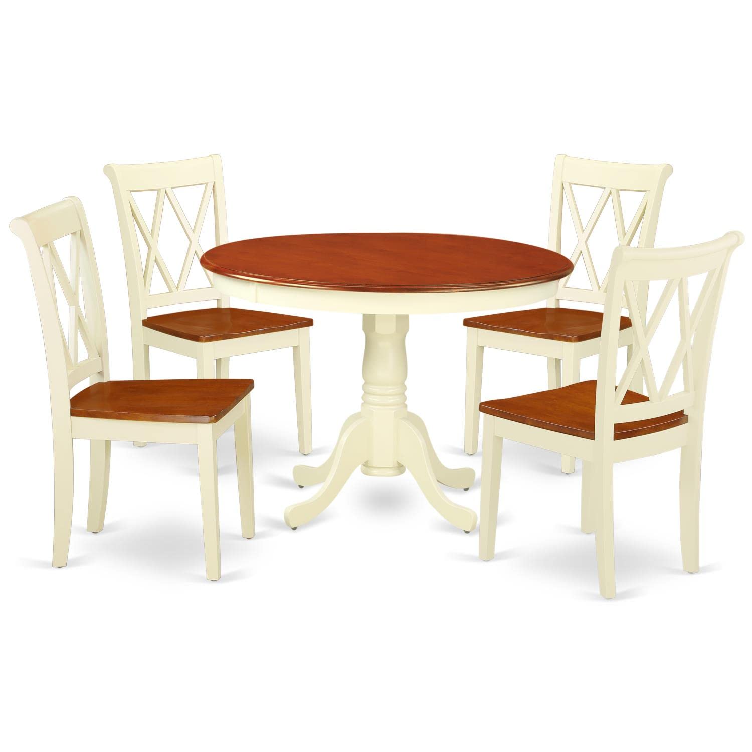 East West Furniture HLCL5-BMK-W 5-Piece Round Dining Set with Pedestal Table & 4 Kitchen Chairs, 42x42 Inch, Buttermilk & Cherry Finish – Perfect for Small Spaces, Breakfast Nooks, and Cozy Family Meals