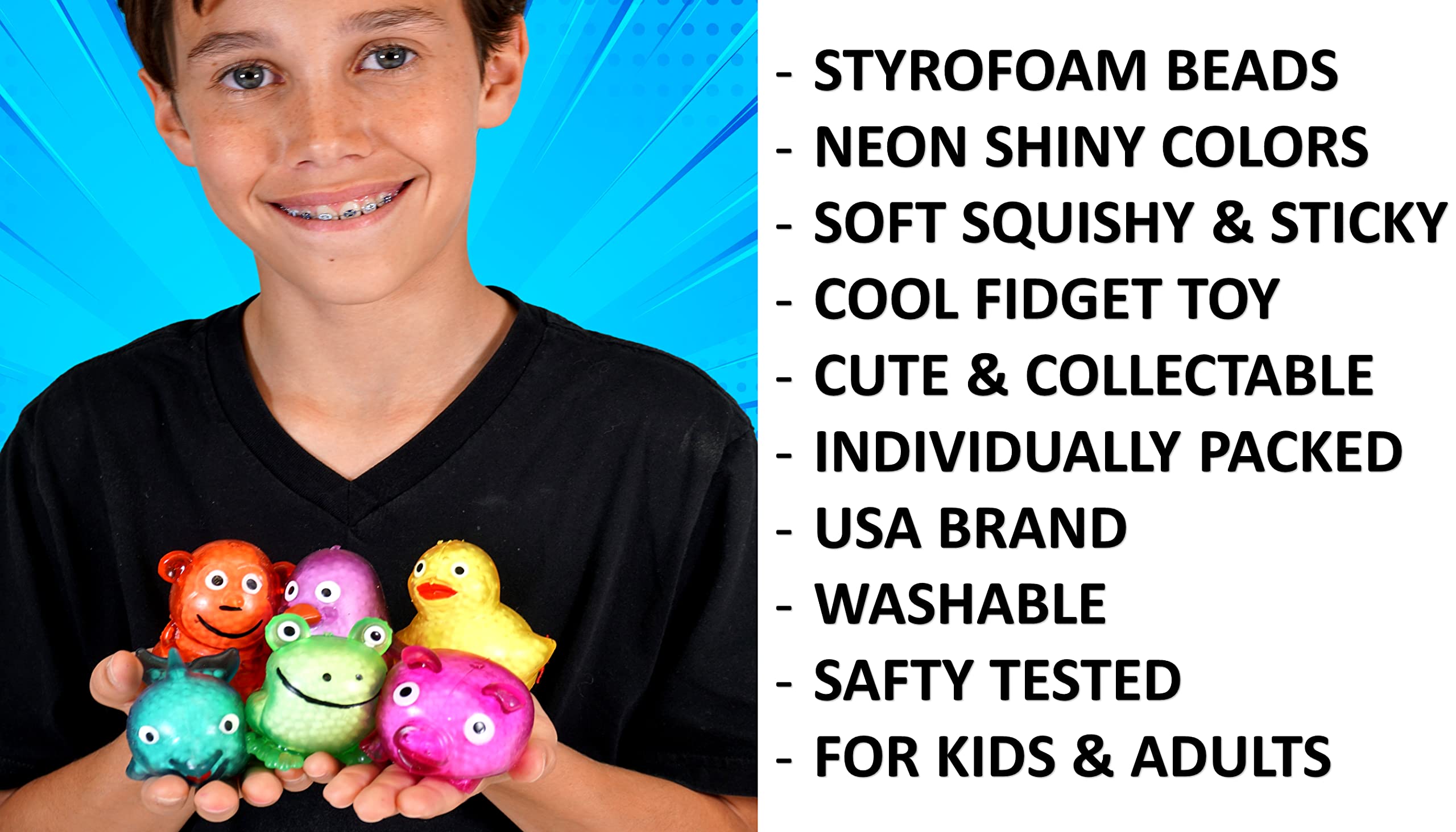 Ja-Ru's Splat Pets - 6 Pack Animal Stress Balls for Kids & Adults | Sensory Fidget Toys with Styrofoam Beads | Anxiety Relief & Party Favors | Perfect for Christmas Stocking Stuffers, Classroom Rewards & Office Stress Relief