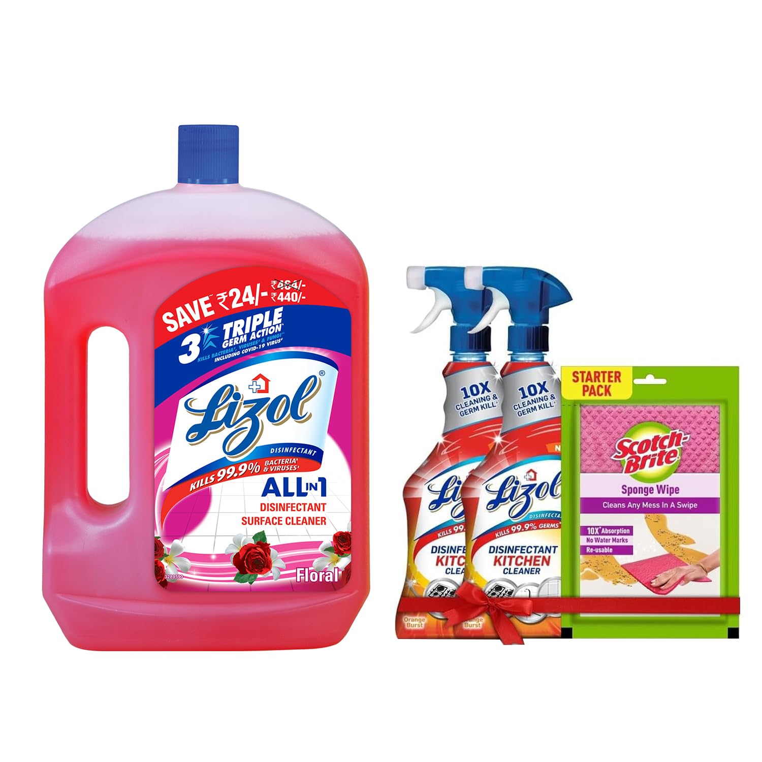 Lizol Disinfectant Surface & Floor Cleaner Liquid - Floral Scent 2L + Lizol Kitchen Cleaner Spray 450ml (2-Pack) with Free Scotch-Brite Sponge Wipe | Multi-Purpose Cleaning for Home, Kitchen, Bathroom & Floors