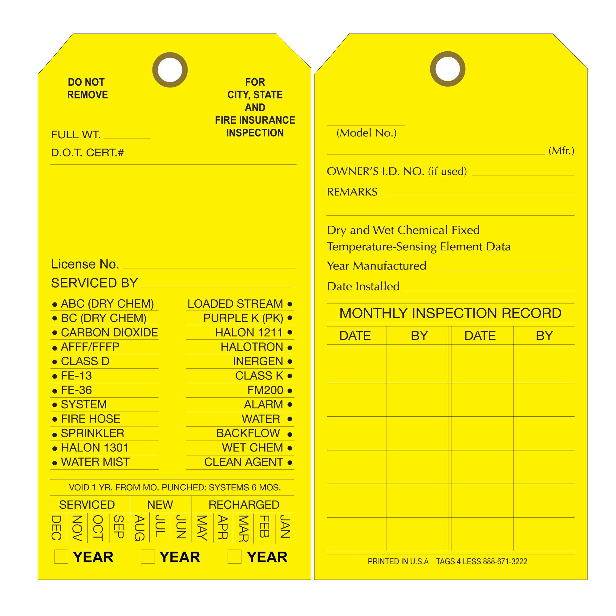 Custom Printed Fire Extinguisher Inspection Tags - 100 Pack Monthly Maintenance Record Cards with Date Check - Durable Cardboard Safety Labels (Yellow) - Perfect for Workplace Safety Compliance & Facility Maintenance