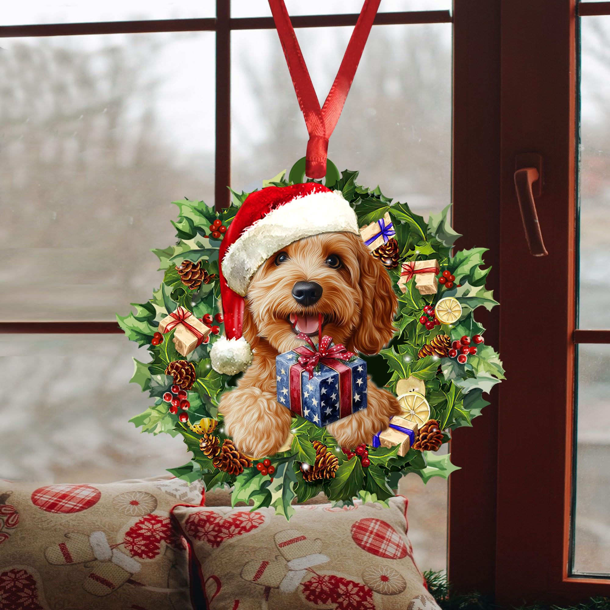 Talataca Goldendoodle Christmas Hat Wreath 2D Car Mirror Charm - Dog Lover Gift, Holiday Car Ornament & Interior Decor for Christmas, Perfect for Pet Owners & Festive Vehicle Decoration