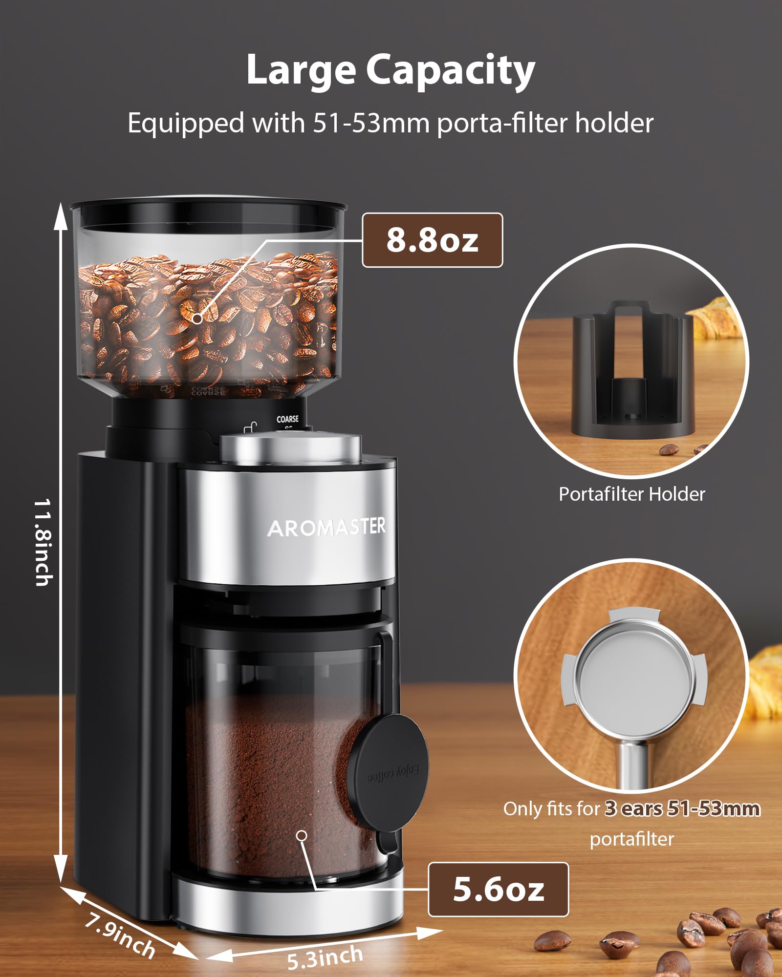 Premium Electric Conical Burr Coffee Grinder - 25 Precise Grind Settings, 2-12 Cup Timer, 3-Ear Portafilter Holder & Cleaning Brush - Perfect for Espresso, French Press & Drip Coffee at Home (Black)