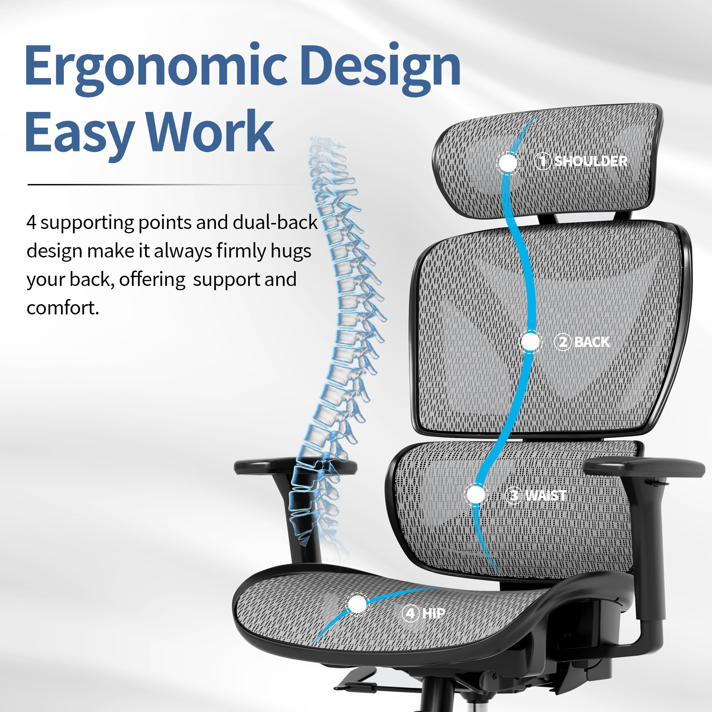GABRYLLY Ergonomic Office Chair - Big and Tall Mesh Computer Chair with Adjustable Lumbar Support, 3D Armrests & Headrest - High Back Desk Chair for Home Office, Gaming & Work (Grey) - Perfect for Long Hours Sitting, Back Pain Relief & Productivity Boost