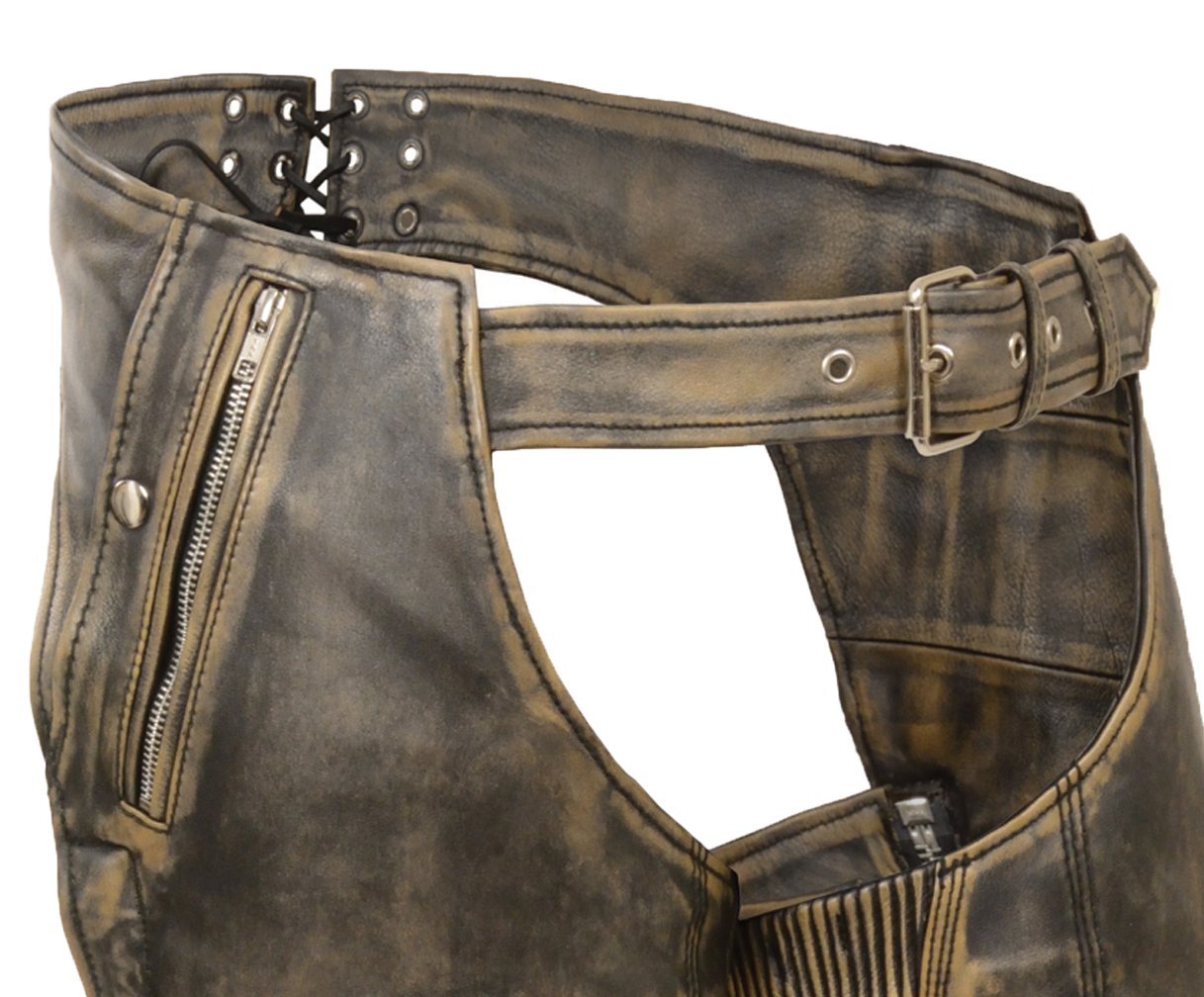 Milwaukee Brown Distressed Leather Biker Chaps for Men & Women - XS Size - Perfect for Motorcycle Riding, Outdoor Adventures & Fashion