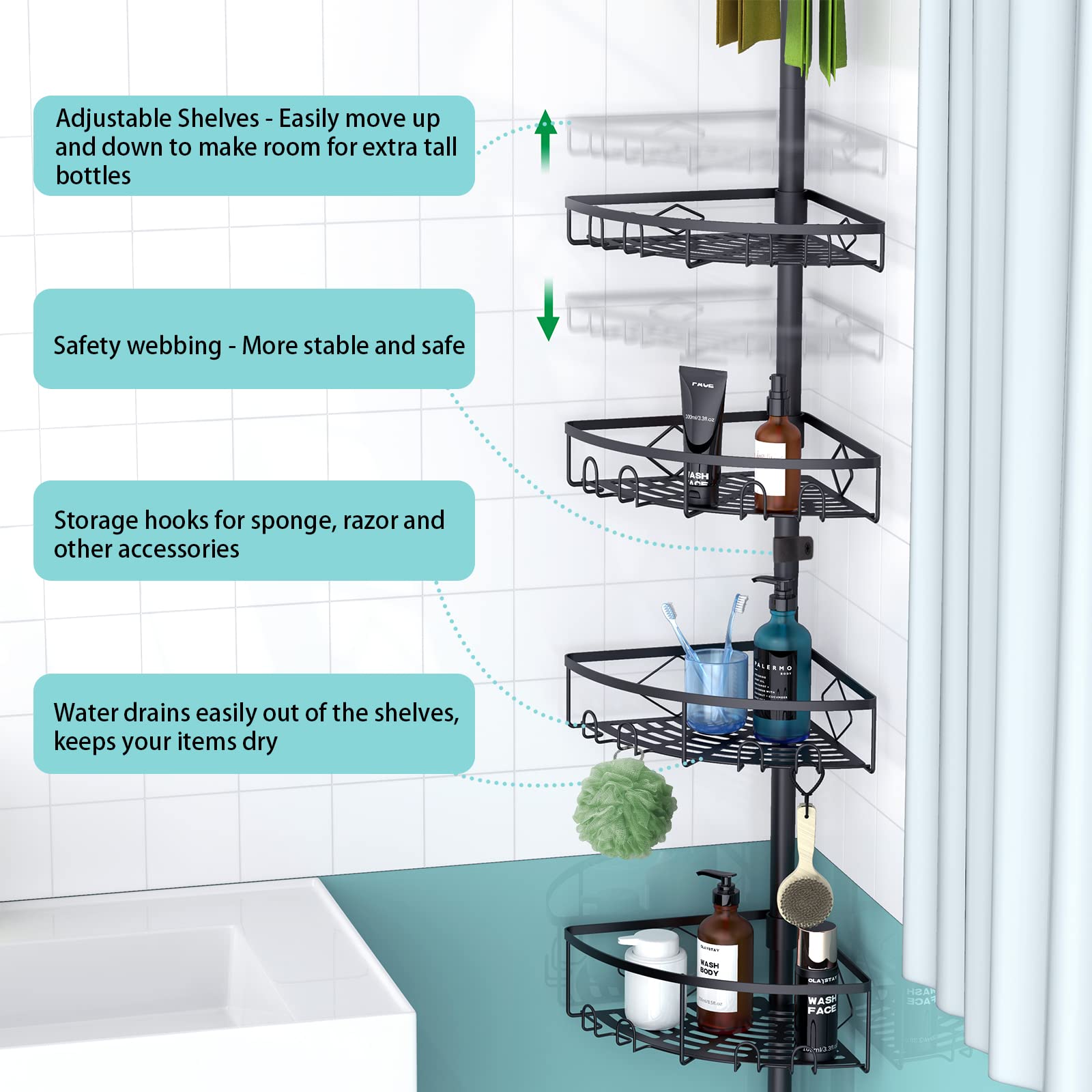 **Kadolina Adjustable Tension Pole Shower Caddy - 4-Tier Bathroom Storage Shelf (53-120 Inch Height) - Space-Saving Shampoo & Bath Accessories Organizer for Bathtub & Shower (Black)**    **Perfect for Small Bathrooms, Apartments, or Dorm Rooms – Maximize Shower Storage Without Drilling!**