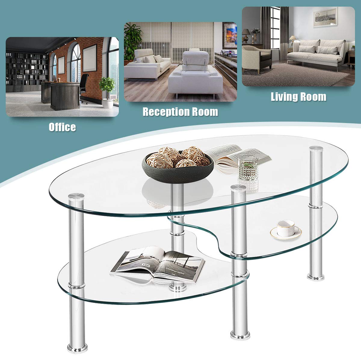 Modern Oval Glass Coffee Table with Storage - POWERSTONE Stylish Center Table for Living Room, Apartment & Home Office | Perfect for Small Spaces, Entertaining Guests & Displaying Decor