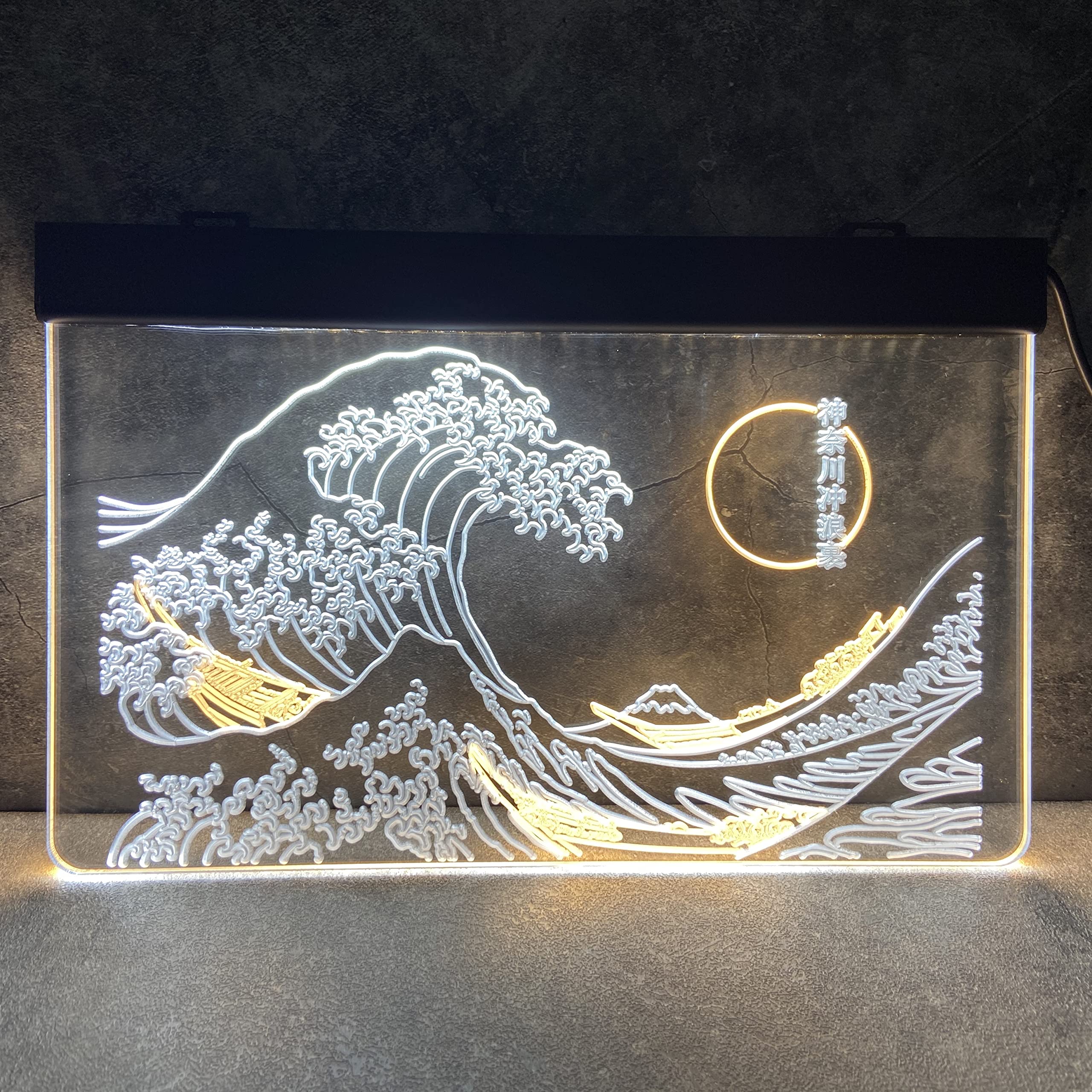 The Great Wave Off Kanagawa LED Neon Sign - Japanese Ukiyo-e Wall Art by Katsushika Hokusai - 12x16 Inch White & Yellow Light for Bedroom, Living Room, Bar, Office Decor - Cool Neon Light Signs for Modern Interior Design
