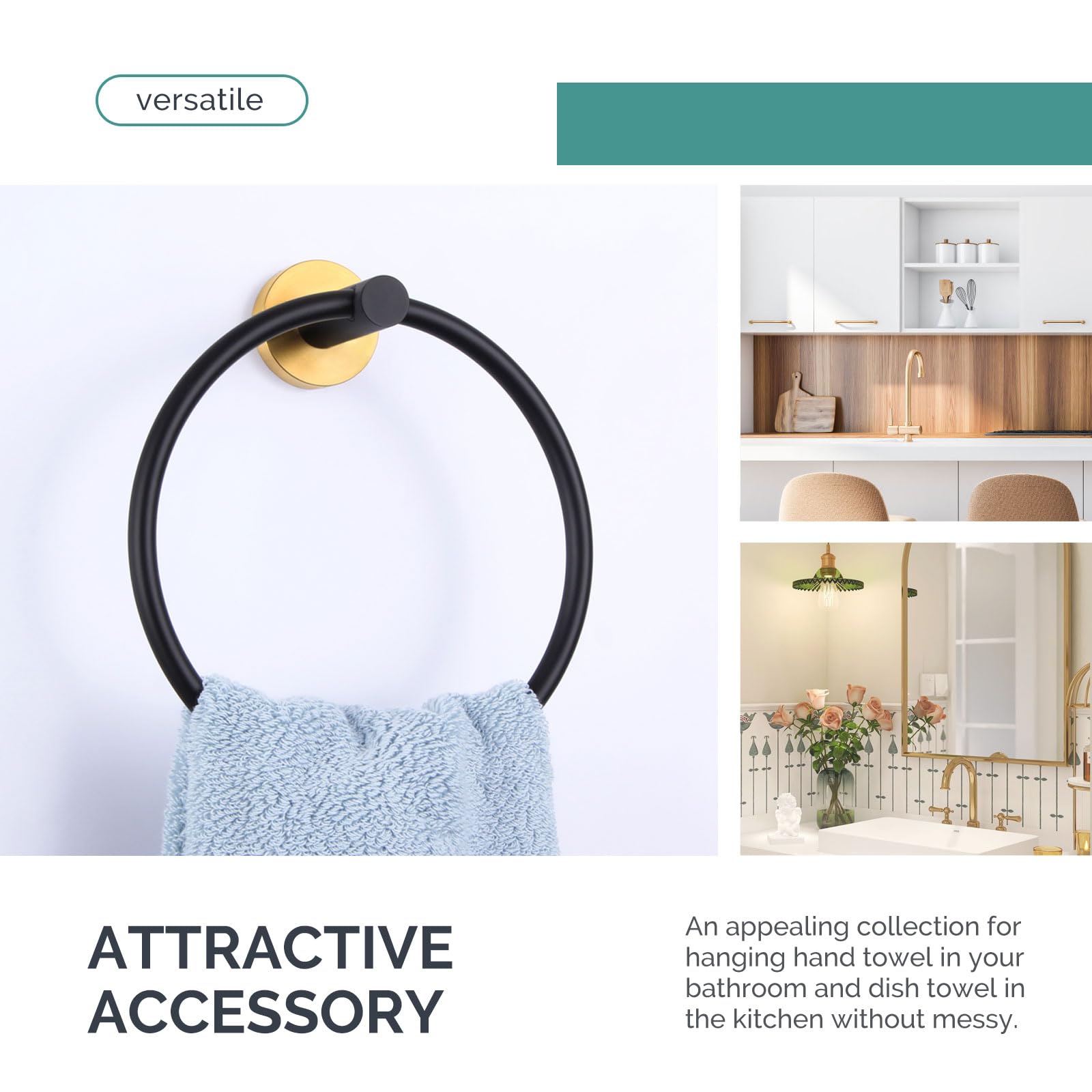 Round Single Towel Hook with Matching Towel Ring Set - Black & Gold Bathroom Accessories for Hanging Towels, Robes & Decor